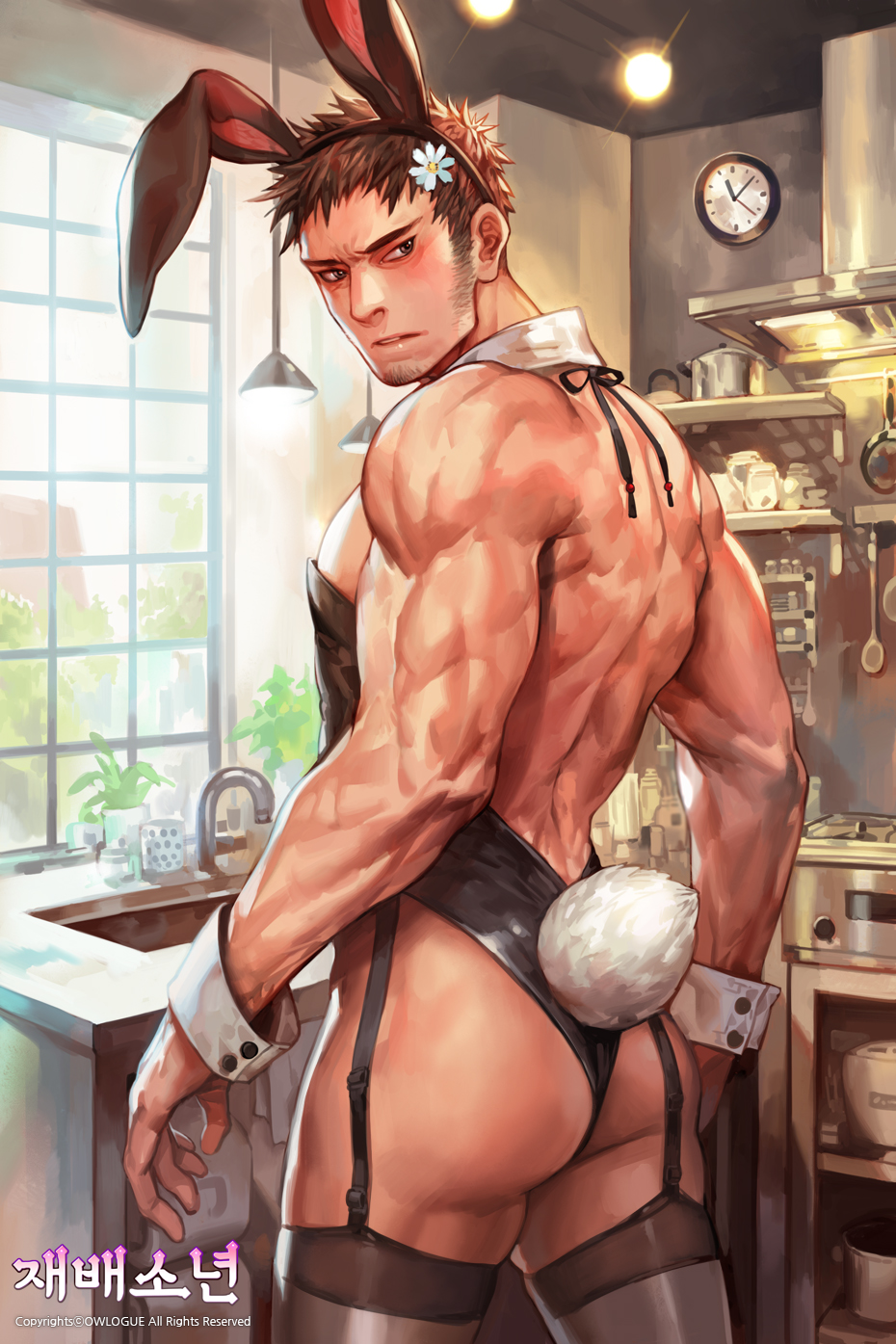 1boy animal_ears ass bara bare_back black_leotard blush cafeteria character_request check_copyright copyright_request crossdressing fake_animal_ears feet_out_of_frame flower goatee_stubble hair_flower hair_ornament highres kitchen latex latex_legwear legwear_garter leotard long_sideburns looking_back male_focus male_playboy_bunny mature_male muscular muscular_male official_art pectorals rabbit_ears rabbit_tail short_hair sideburns sideburns_stubble sidepec solo standing tail tekken thighhighs thighhighs_pull thighs turning_head white_flower wrist_cuffs yi_lee