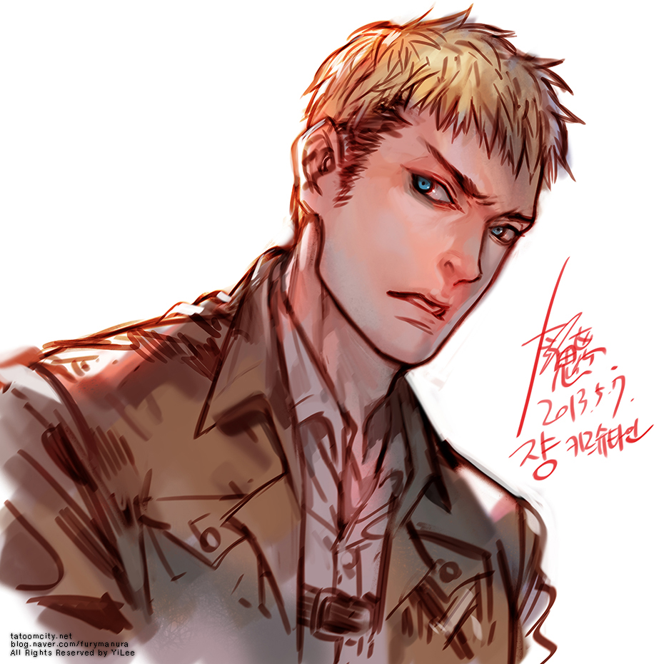 1boy brown_hair collared_jacket cropped_torso dated head_tilt jacket jean_kirchstein male_focus paradis_military_uniform parted_lips shingeki_no_kyojin short_hair sideburns sideburns_stubble sideways_glance solo yi_lee