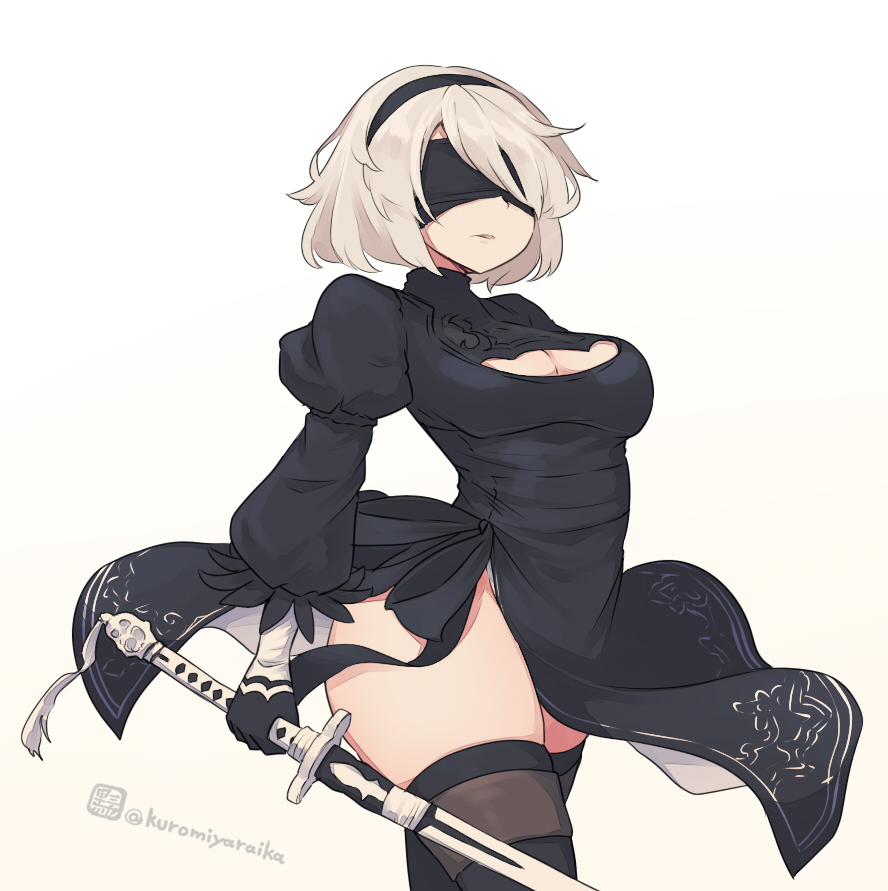 1girl 2b_(nier:automata) bad_anatomy black_dress black_gloves black_hairband black_thighhighs blindfold breasts cleavage cleavage_cutout clothing_cutout dress facing_viewer gloves gradient_background grey_background grey_hair hairband holding holding_sword holding_weapon kuromiya long_sleeves medium_breasts nier:automata nier_(series) one-hour_drawing_challenge parted_lips puffy_long_sleeves puffy_sleeves solo sword thighhighs twitter_username weapon white_background