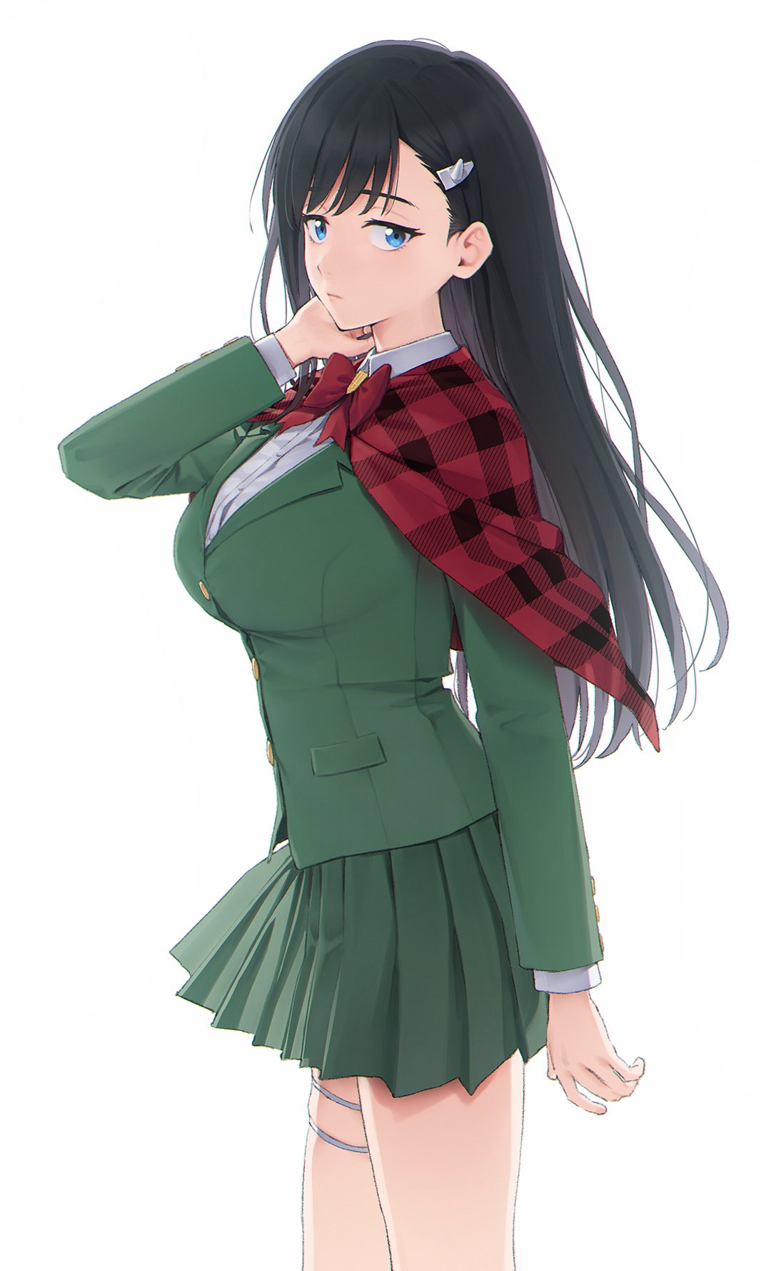 1girl black_hair blue_eyes breasts burn_the_witch cape capelet closed_mouth green_jacket green_skirt hair_behind_ear hair_ornament hairclip half-closed_eyes highres holster jacket large_breasts long_hair long_sleeves looking_at_viewer mikazuchi_zeus niihashi_noel plaid_cape plaid_capelet pleated_skirt red_cape red_capelet shirt simple_background skirt solo thigh_holster thigh_strap white_background white_shirt