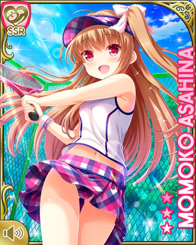 1girl asahina_momoko ass_visible_through_thighs brown_hair chain-link_fence character_name cloud day fence girlfriend_(kari) long_hair miniskirt navel official_art open_mouth outdoors panties pantyshot plaid plaid_panties plaid_skirt qp:flapper racket red_eyes ribbon side_ponytail skirt sky smile solo tank_top tennis tennis_racket thigh_gap thighs underwear visor_cap white_tank_top wind wind_lift wristband