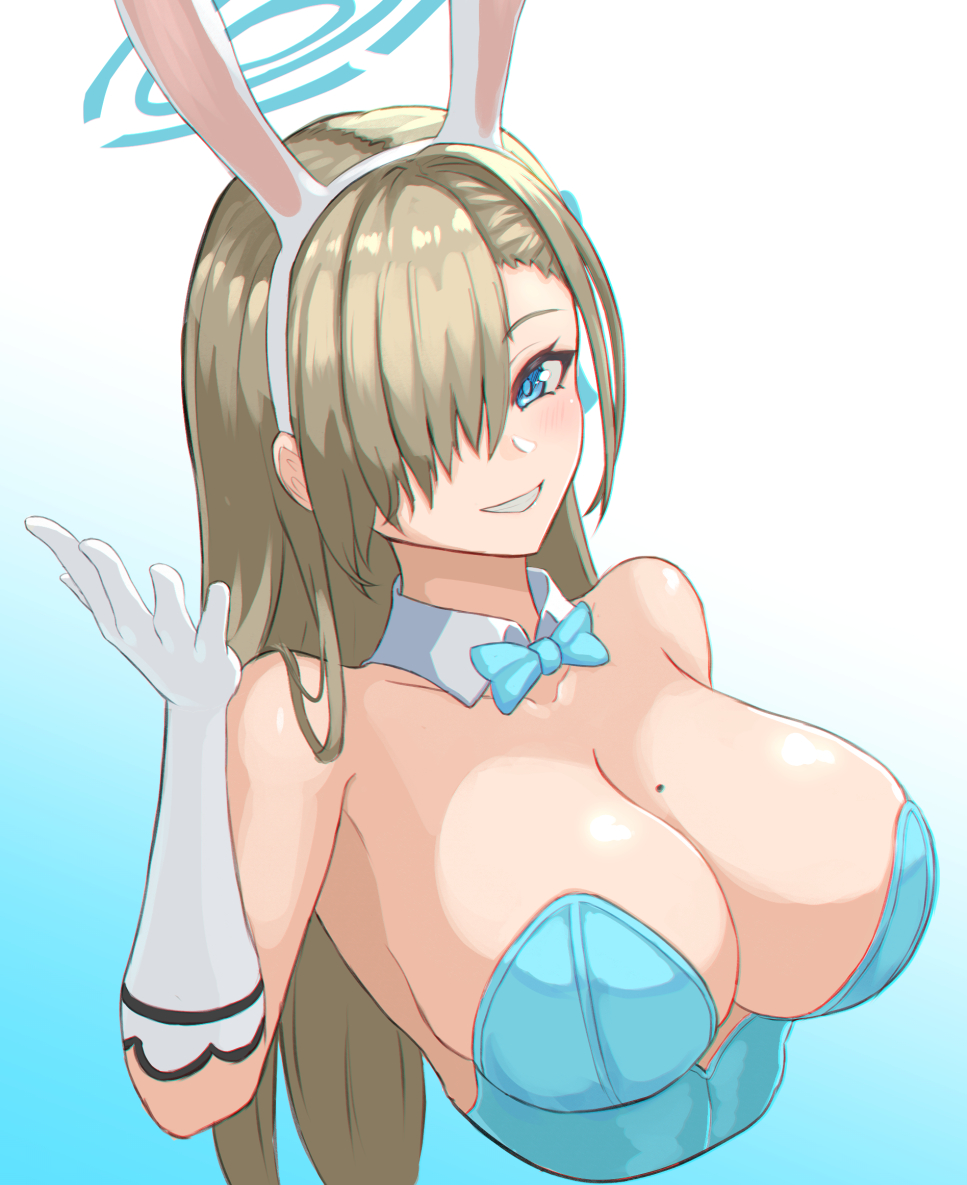 1girl animal_ears asuna_(blue_archive) asymmetrical_bangs bangs bare_shoulders blonde_hair blue_archive blue_bow blue_bowtie blue_eyes blue_leotard bow bowtie breasts cleavage collarbone commentary cropped_torso detached_collar elbow_gloves fake_animal_ears gloves grin hair_over_one_eye halo hand_up large_breasts leotard light_brown_hair looking_at_viewer mole mole_on_breast moppo open_hand playboy_bunny rabbit_ears reaching_out shrugging smile solo white_gloves