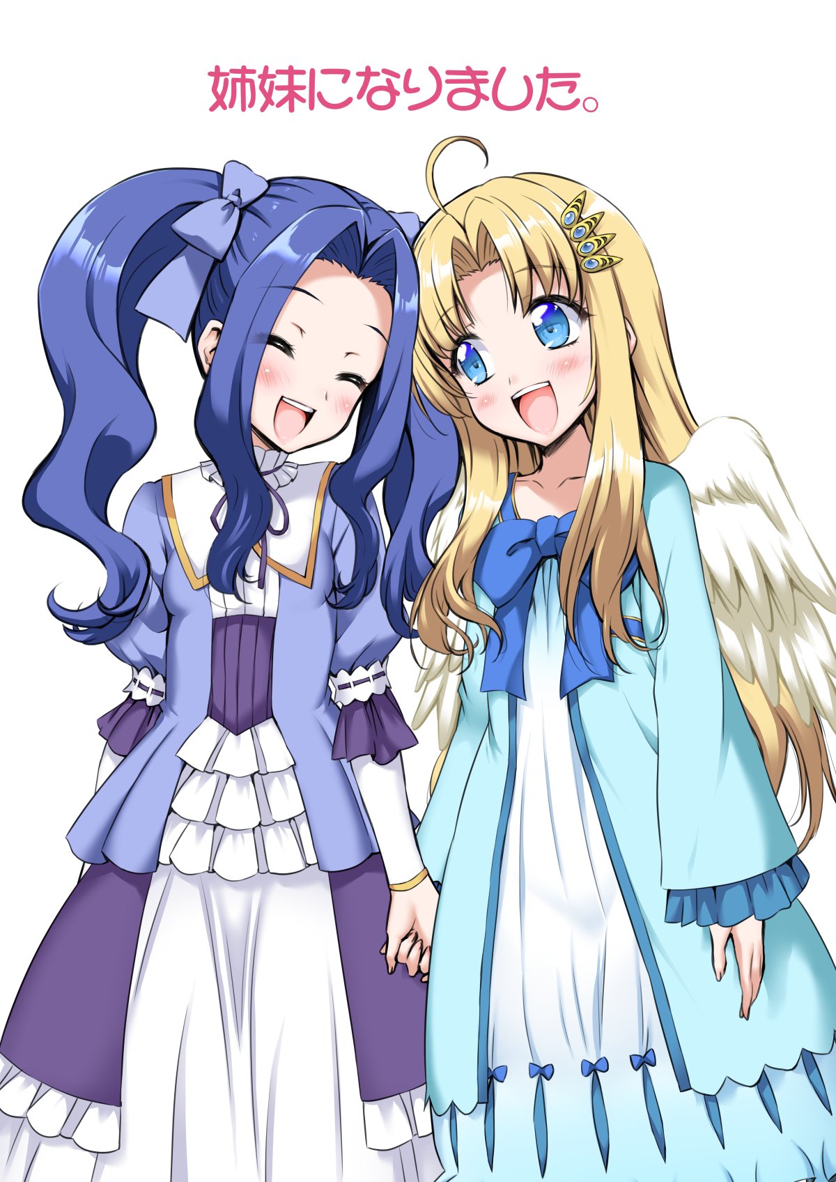 2girls ahoge blonde_hair blue_bow blue_dress blue_hair blush bow check_translation closed_eyes commentary_request dress feathered_wings filo_(tate_no_yuusha_no_nariagari) hair_bow hair_ornament hairclip hidaka_rina highres holding_hands long_hair marui melty_q_melromarc multiple_girls open_mouth purple_ribbon ribbon simple_background tate_no_yuusha_no_nariagari teeth translation_request twintails uchida_maaya upper_teeth_only voice_actor_connection white_background white_wings wings