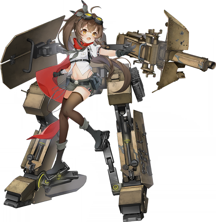 1girl ahoge ash_arms bandaid bandaid_on_face bandaid_on_nose bison_(ash_arms) blush boots breasts brown_hair cannon fang full_body gloves goggles goggles_on_head hair_between_eyes hair_ornament mecha_musume midriff navel official_art open_mouth ponytail scarf small_breasts solo thighhighs transparent_background
