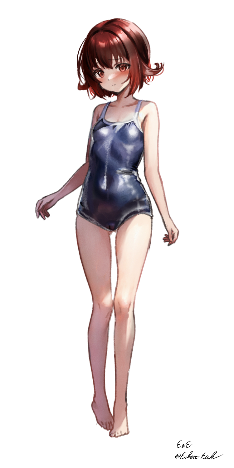 1girl ass_visible_through_thighs bare_arms bare_legs bare_shoulders barefoot blue_one-piece_swimsuit blush breasts closed_mouth collarbone competition_school_swimsuit covered_navel eckert&amp;eich feet full_body hair_between_eyes highres impossible_clothes impossible_swimsuit kantai_collection legs looking_at_viewer mutsuki_(kancolle) one-hour_drawing_challenge one-piece_swimsuit red_eyes red_hair school_swimsuit shiny_swimsuit short_hair sidelocks signature simple_background small_breasts solo standing swimsuit thigh_gap thighs toes twitter_username white_background