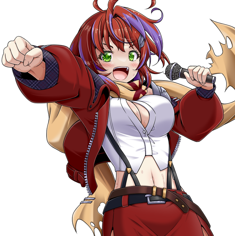 1girl :d akane_canna akane_canna_(1st_costume) antenna_hair armor belt black_belt blush breasts brown_belt button_gap cleavage clenched_hand commentary_request green_eyes hair_intakes holding holding_microphone jacket large_breasts looking_at_viewer loose_belt microphone midriff miso_panda multicolored_hair nanashi_inc. navel open_mouth pauldrons pencil_skirt plaid plaid_jacket purple_hair red_hair red_jacket red_skirt scarf shirt short_hair shoulder_armor simple_background single_pauldron skirt smile solo streaked_hair suspender_skirt suspenders sweat teeth torn_clothes torn_scarf transparent_background two-sided_fabric two-sided_jacket two-tone_hair upper_body upper_teeth_only virtual_youtuber white_shirt wing_hair_ornament yellow_scarf zipper