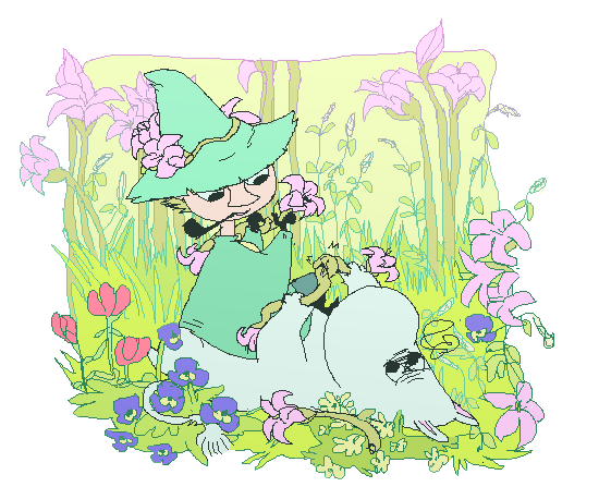 2015 2n2n anthro clothing digital_media_(artwork) duo eyes_closed grass green_clothing green_hat green_headwear green_robe hat headgear headwear human lying male mammal moomin moomintroll nature on_back pixel_(artwork) plant robe snufkin the_moomins tree white_body