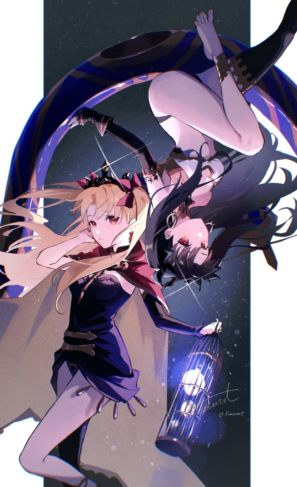 2girls bare_shoulders barefoot black_background black_bow black_dress black_hair black_sleeves black_thighhighs blush border bow bow_(weapon) breasts cape closed_mouth commentary_request curvy detached_sleeves dress earrings ereshkigal_(fate) expressionless fate/grand_order fate_(series) feet_out_of_frame floating_hair fomnant foot_out_of_frame glint hair_bow hand_up highres holding holding_bow_(weapon) holding_weapon ishtar_(fate) jewelry knee_up long_hair looking_at_viewer medium_breasts multiple_girls red_bow red_cape red_eyes short_dress siblings signature simple_background single_thighhigh sisters sleeves_past_wrists strapless strapless_dress thighhighs thighs tiara twitter_username two_side_up upside-down weapon white_border