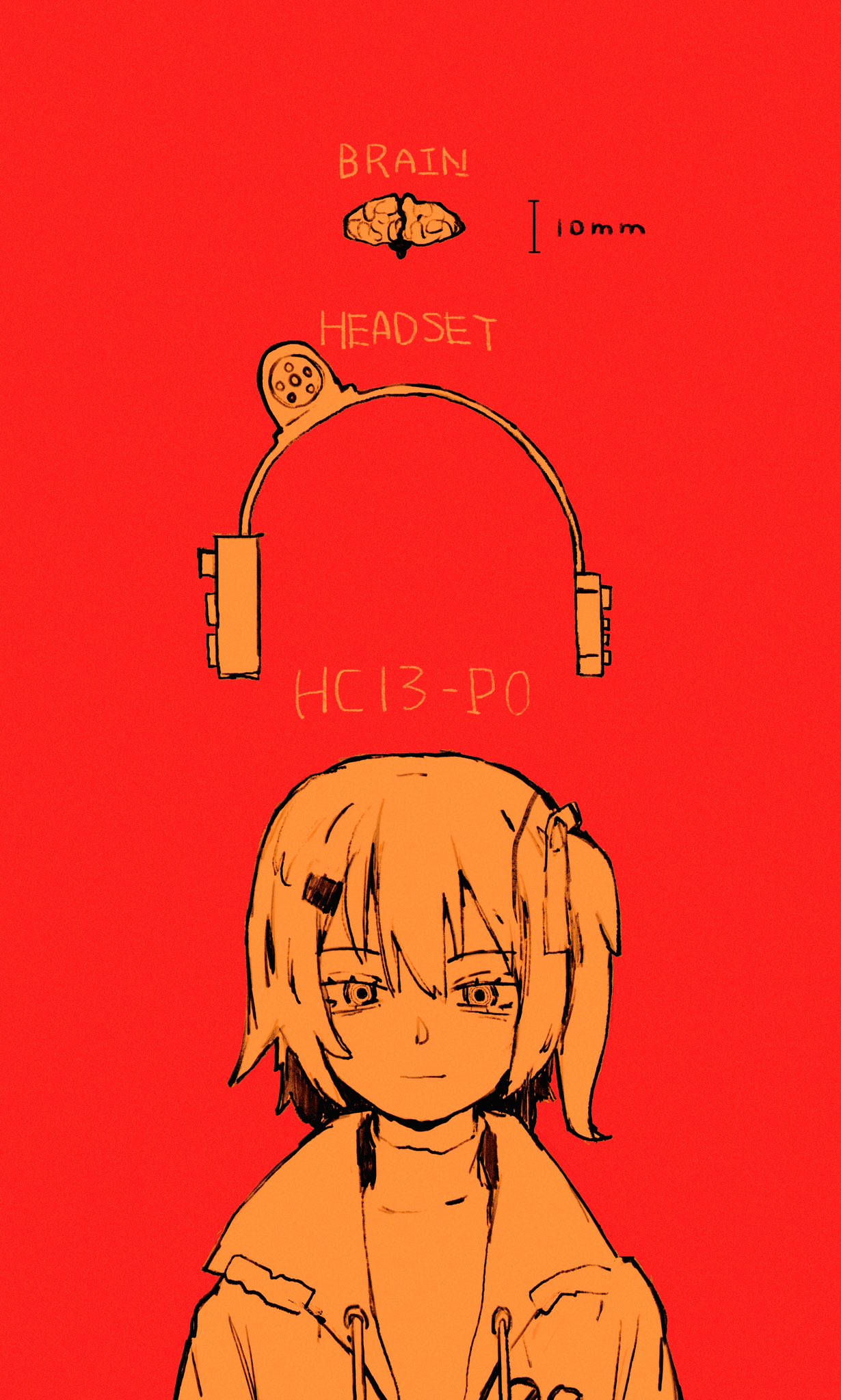1girl :| a.i._voice adachi_rei brain closed_mouth commentary english_text hair_ornament hair_ribbon hairclip headlamp headphones highres hijou_botan jacket limited_palette looking_at_viewer medium_hair monochrome one_side_up open_clothes open_jacket orange_theme red_background ribbon ringed_eyes simple_background solo straight-on symbol-only_commentary turtleneck unworn_headphones utau