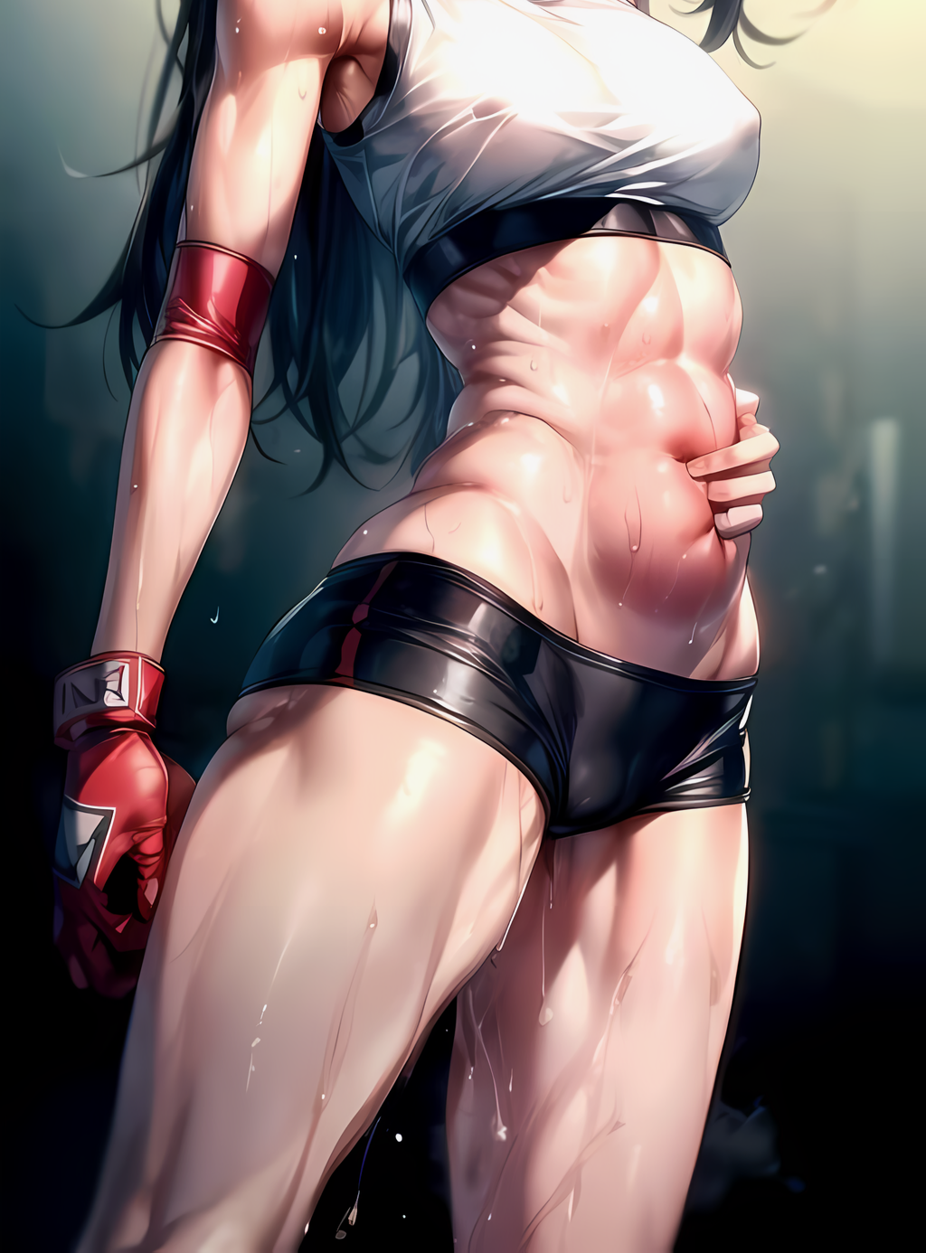 abuse ai-generated beaten belly boxing boxing_gloves crop_top highres holding holding_stomach injury midriff navel non-web_source pain punched stomach stomach_ache