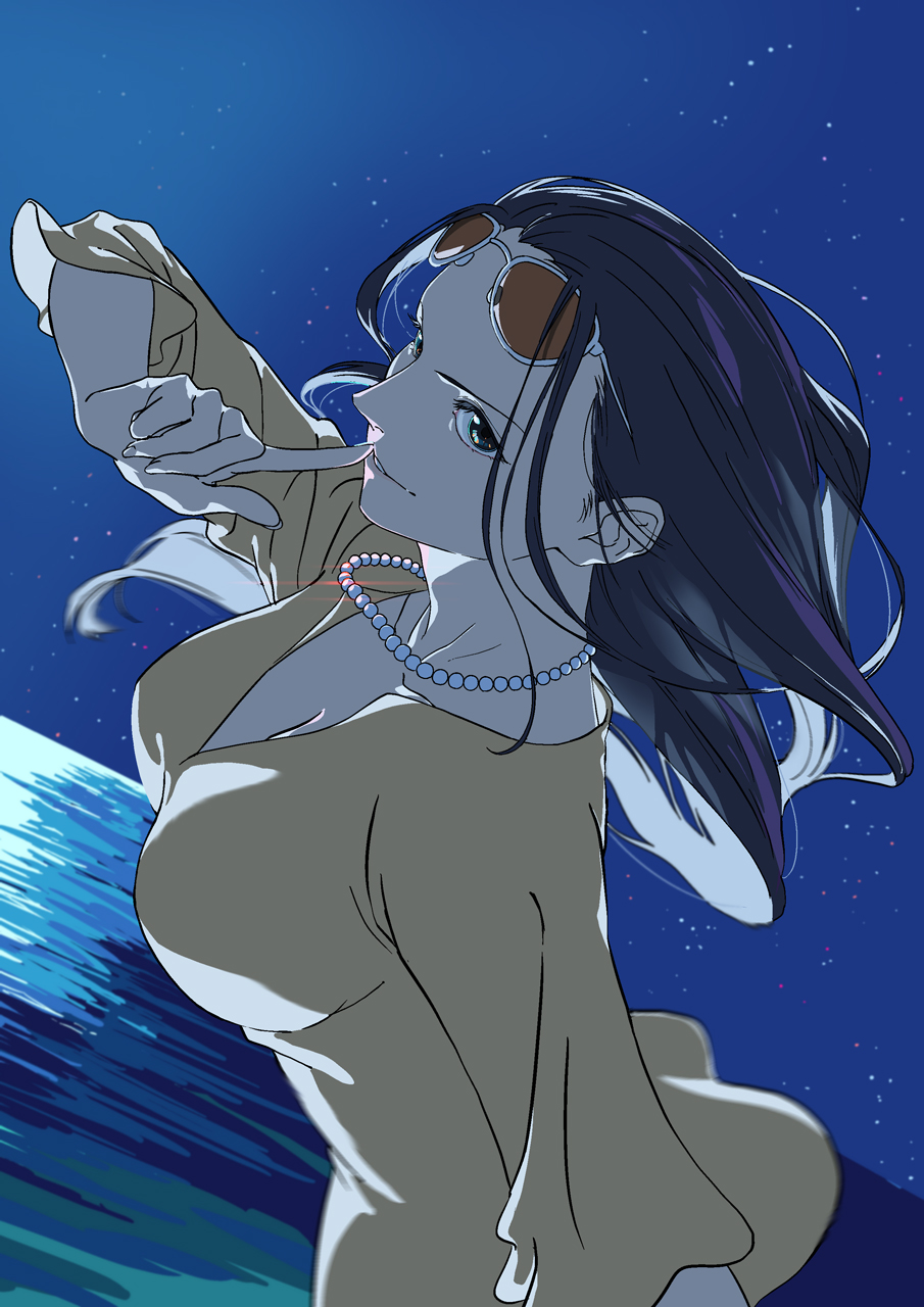 1girl artist_request black_hair blouse blue_eyes blue_skirt breasts cleavage eyewear_on_head finger_to_mouth hair_slicked_back highres index_finger_raised jewelry large_breasts long_hair looking_at_viewer necklace nico_robin night night_sky ocean one_piece pearl_necklace shirt shushing skirt sky smile solo star_(sky) sunglasses yellow_shirt