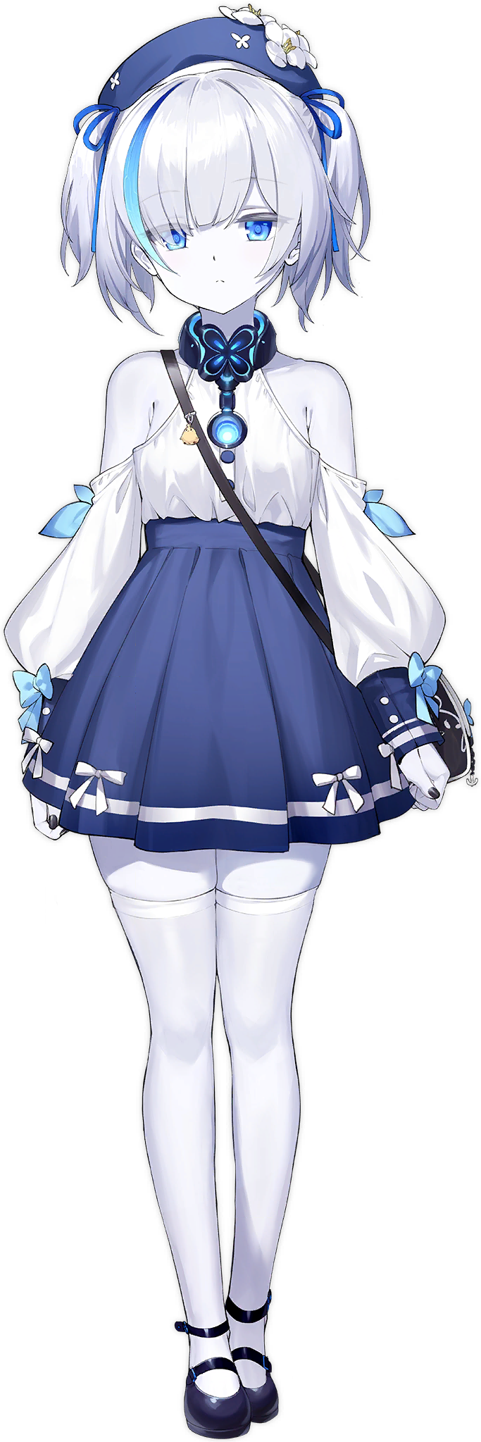 1girl :o artist_request azur_lane bag bare_legs bare_shoulders black_bag black_nails blue_bow blue_eyes blue_hair blue_headwear blue_ribbon blue_skirt bow breasts closed_mouth collarbone colored_eyelashes colored_skin eyes_visible_through_hair fingernails flower four-leaf_clover_necklace full_body hair_over_one_eye hair_ribbon hat hat_flower high-waist_skirt highres jewelry looking_at_viewer manjuu_(azur_lane) mary_janes multicolored_hair nail_polish necklace non-web_source official_art pale_skin ribbon shirt_tucked_in shoes short_hair shoulder_bag skirt solo standing streaked_hair tb_(azur_lane) thighhighs twintails two-tone_hair white_hair white_skin white_thighhighs zettai_ryouiki