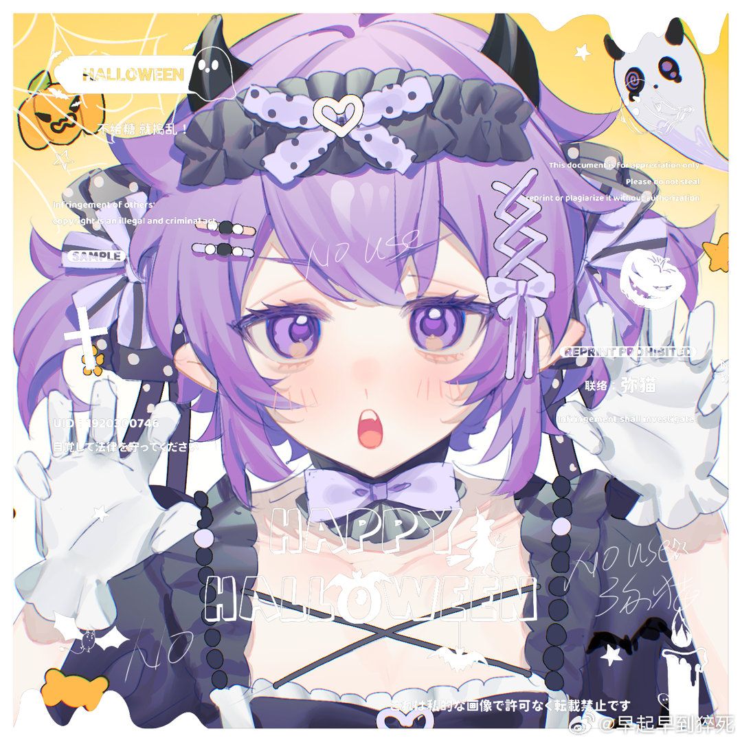 1girl bat_(animal) beads black_bow black_bowtie black_choker black_hairband black_horns black_sleeves blush border bow bow_choker bowtie brooch candle candy chinese_text choker claw_pose colored_eyelashes demon_wings dripping english_text fang fire food frilled_gloves frilled_hairband frills ghost gloves hair_bow hair_ornament hair_ribbon hairband hairclip happy_halloween heart heart_brooch heart_hair_ornament horns jack-o'-lantern jewelry mixed-language_text multiple_hair_bows open_mouth original pointy_ears polka_dot polka_dot_bow puffy_short_sleeves puffy_sleeves purple_bow purple_eyes purple_hair purple_ribbon ribbon shirt short_sleeves short_twintails silk simple_background solo source_request spider_web square_neckline star_(symbol) straight-on striped_bow teeth third-party_source twintails upper_body upper_teeth_only v-shaped_eyebrows watermark weibo_logo weibo_username white_border white_gloves white_shirt wings yellow_background zaoqi_zao_dao_cusi