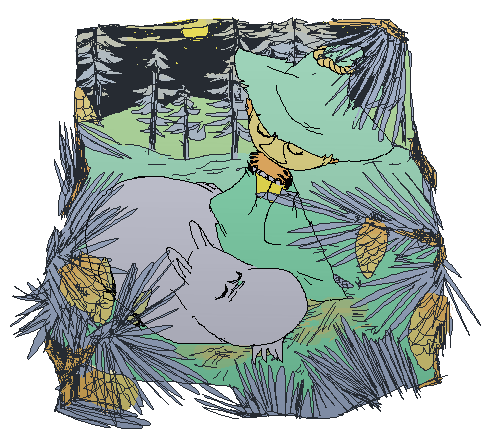 2015 2n2n anthro clothing digital_media_(artwork) duo eyes_closed grass green_clothing green_hat green_headwear green_robe hat headgear headwear human low_res lying male mammal moomin moomintroll nature on_back pixel_(artwork) plant relaxing robe snufkin the_moomins tree white_body