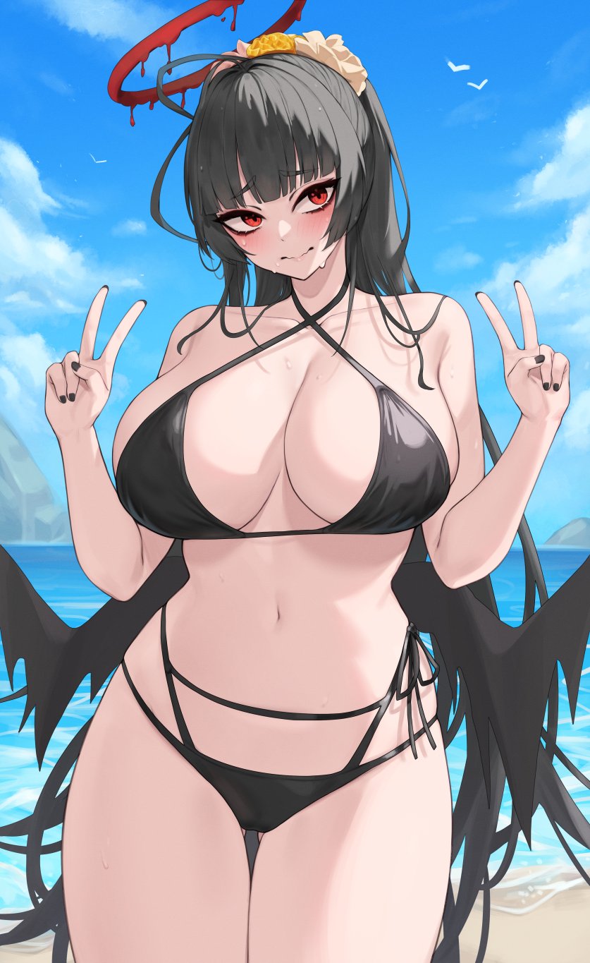 1girl ass_visible_through_thighs beach bikini black_bikini black_hair black_nails blue_archive blue_sky blunt_bangs blush breasts cloud commentary_request cowboy_shot criss-cross_halter day double_v halo halterneck head_tilt highres kuavera large_breasts long_hair looking_at_viewer low_wings multi-strapped_bikini_bottom nail_polish navel ocean official_alternate_costume outdoors red_eyes sideboob sky solo standing stomach swimsuit thighs tsurugi_(blue_archive) tsurugi_(swimsuit)_(blue_archive) v very_long_hair water wings