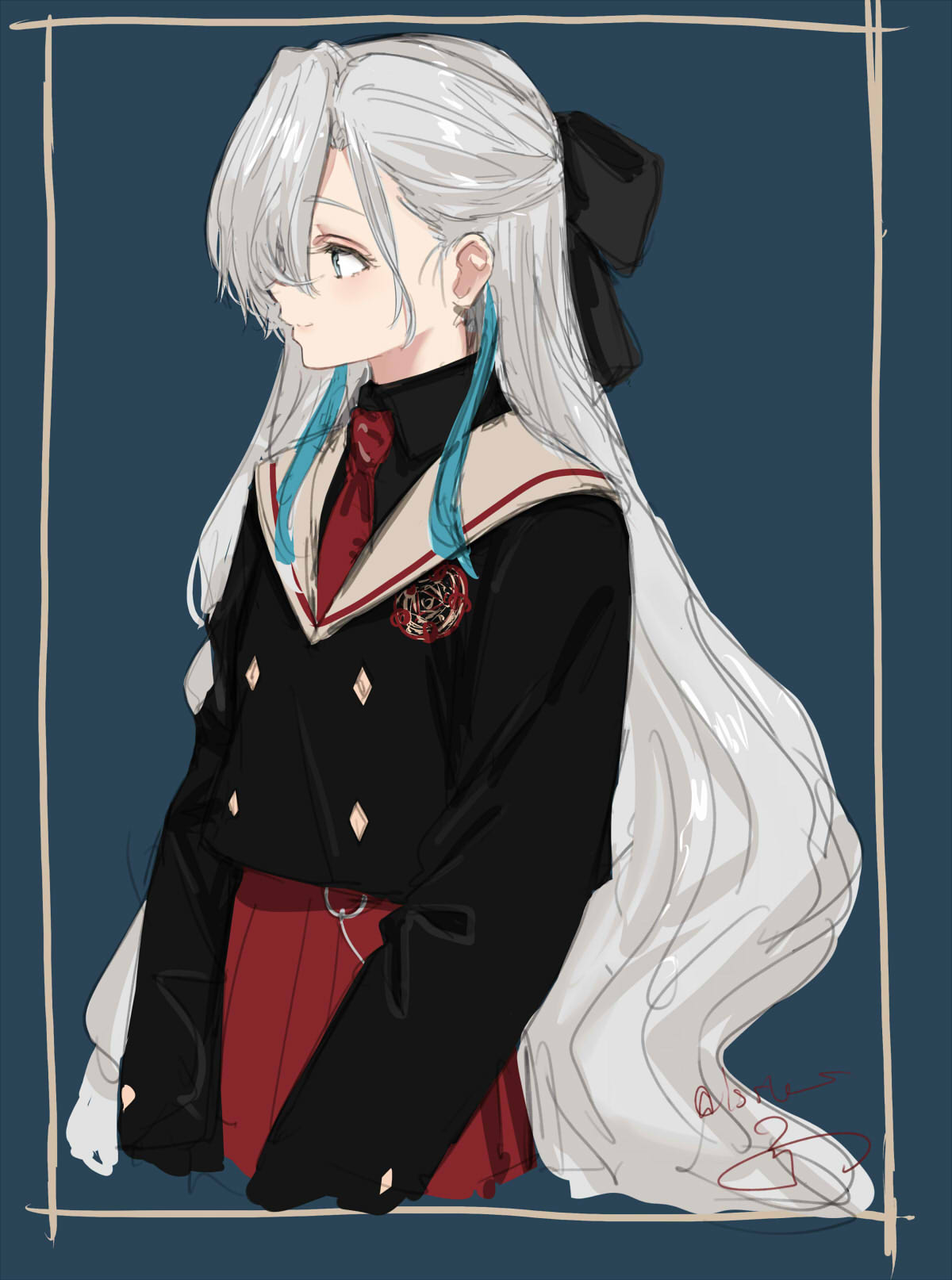 1girl alternate_costume black_bow black_jacket black_shirt blue_background blue_eyes blue_hair border bow brown_sailor_collar buttons closed_mouth collared_shirt commentary_request cropped_legs double-breasted from_side grey_hair hair_bow hair_over_one_eye highres isekai_joucho isshiki_(ffmania7) jacket kamitsubaki_studio long_hair long_sleeves looking_ahead multicolored_hair necktie pleated_skirt profile red_necktie red_skirt sailor_collar school_uniform shirt signature simple_background skirt smile solo streaked_hair v_arms very_long_hair virtual_youtuber wavy_hair