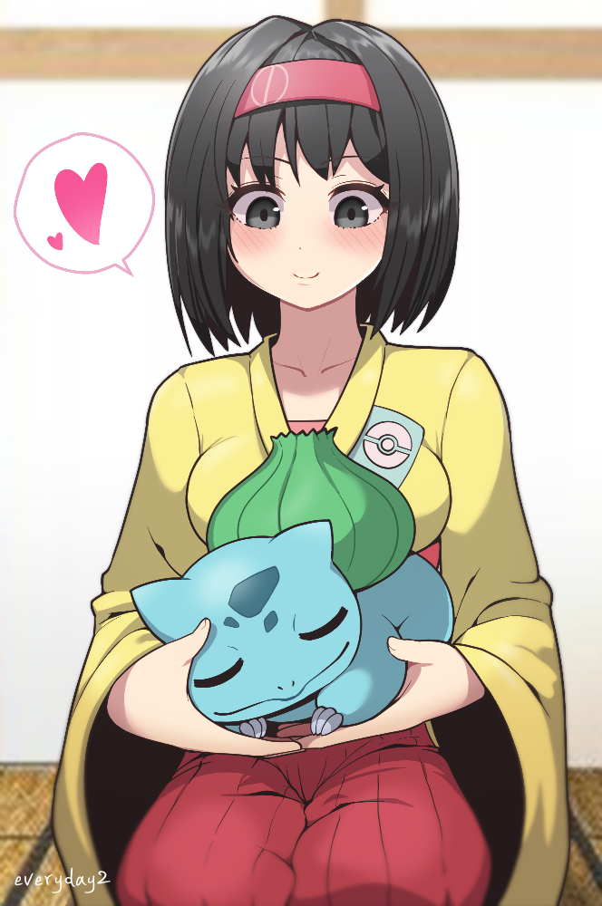 1girl black_eyes black_hair blush breasts bulbasaur closed_mouth erika_(pokemon) everyday2 hairband hakama hakama_pants heart holding holding_pokemon indoors japanese_clothes long_sleeves looking_down medium_breasts medium_hair pants pokemon pokemon_(creature) red_pants seiza sitting smile spoken_heart wide_sleeves