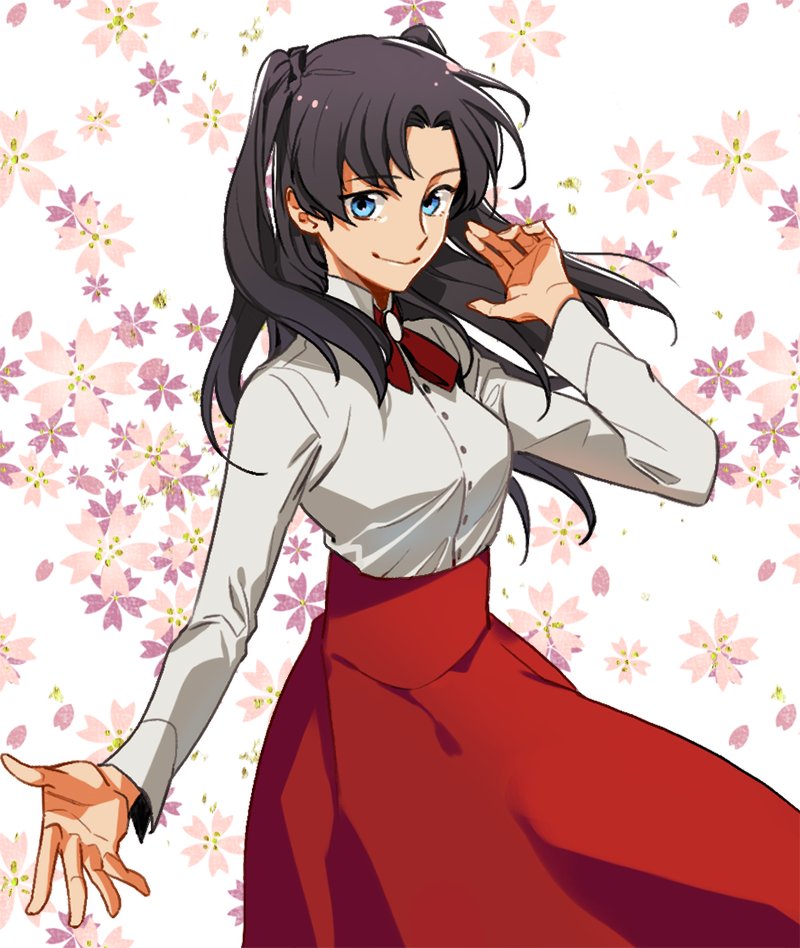 1girl black_hair blue_eyes buttons closed_mouth cowboy_shot fate/stay_night fate_(series) floral_background halorane long_hair long_sleeves looking_at_viewer red_ribbon red_skirt ribbon shirt skirt smile solo tohsaka_rin twintails white_shirt