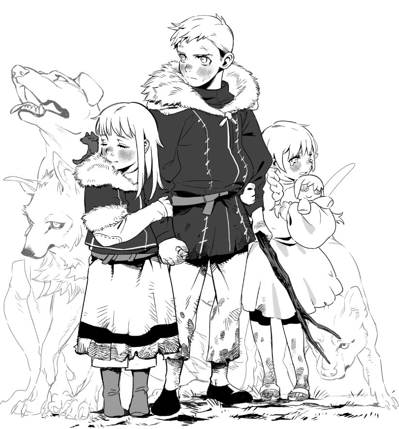 1boy 2girls aged_down animal animal_on_shoulder arms_at_sides belt blood blood_on_clothes blood_on_leg boots braid branch brother_and_sister character_doll child cross_scar dirty dirty_feet dog doll dragon dragon_(remains)_(dungeon_meshi) dress dungeon_meshi elf facing_to_the_side falin_thorden flip-flops frown full_body fur-trimmed_sleeves fur_trim grabbing_another's_arm greyscale height_difference holding holding_branch holding_doll holding_hands holding_stuffed_toy jacket laios_thorden leichen6194 long_hair long_sleeves looking_to_the_side marcille_donato monochrome multiple_girls pants patchwork_clothes pointy_ears puffy_long_sleeves puffy_sleeves runny_nose sandals scar scar_on_face scar_on_forehead scared shoes short_hair siblings snot stitches stuffed_toy tearing_up time_paradox torn_clothes torn_dress torn_pants
