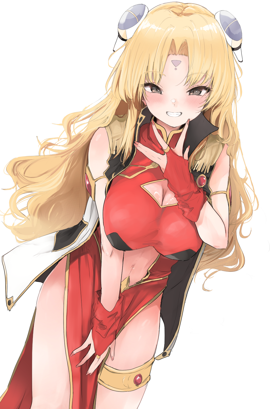 1girl armlet blonde_hair blush breasts cleavage cleavage_cutout clothing_cutout dress facial_mark fingernails forehead_mark galaxy_angel grin hairpods highres long_hair looking_at_viewer nail_polish navel navel_cutout ranpha_franboise red_dress ripu_(lipi) simple_background smile solo stomach thighlet very_long_hair white_background