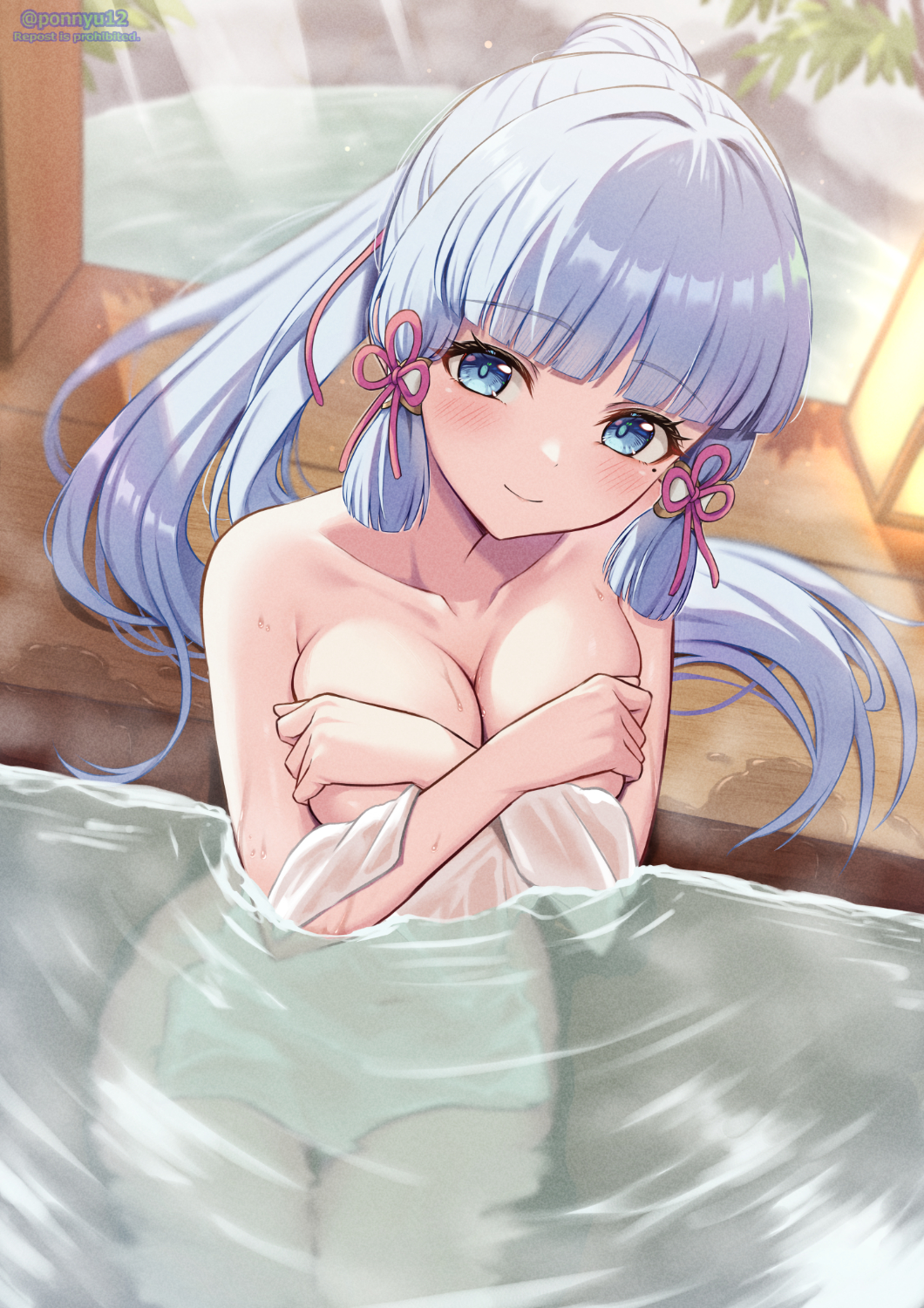 1girl blue_eyes blue_hair blunt_bangs blunt_ends blush breasts breasts_squeezed_together cleavage collarbone commentary_request covering_breasts covering_privates cowboy_shot crossed_arms eyelashes genshin_impact hair_ribbon hair_spread_out highres indoors kamisato_ayaka large_breasts light_blue_hair long_hair looking_at_viewer mole mole_under_eye naked_towel nude nude_cover onsen paid_reward_available partially_submerged ponnyu12 ponytail ribbon shy smile solo towel tress_ribbon wet
