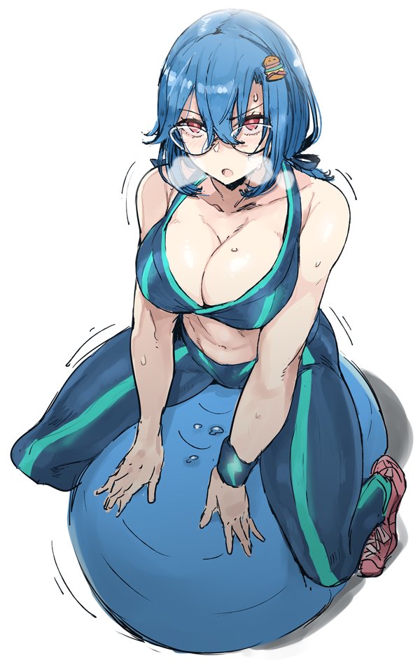 1girl ball bangs blue_hair blush breasts breath burger_hair_ornament cleavage commentary exercise_ball food-themed_hair_ornament glasses hair_between_eyes hair_ornament hair_ribbon hamburger-chan_(hundredburger) large_breasts original pants red_eyes ribbon shoes shoohee short_hair simple_background sitting sketch sneakers solo sports_bra sportswear sweat sweatband white_background