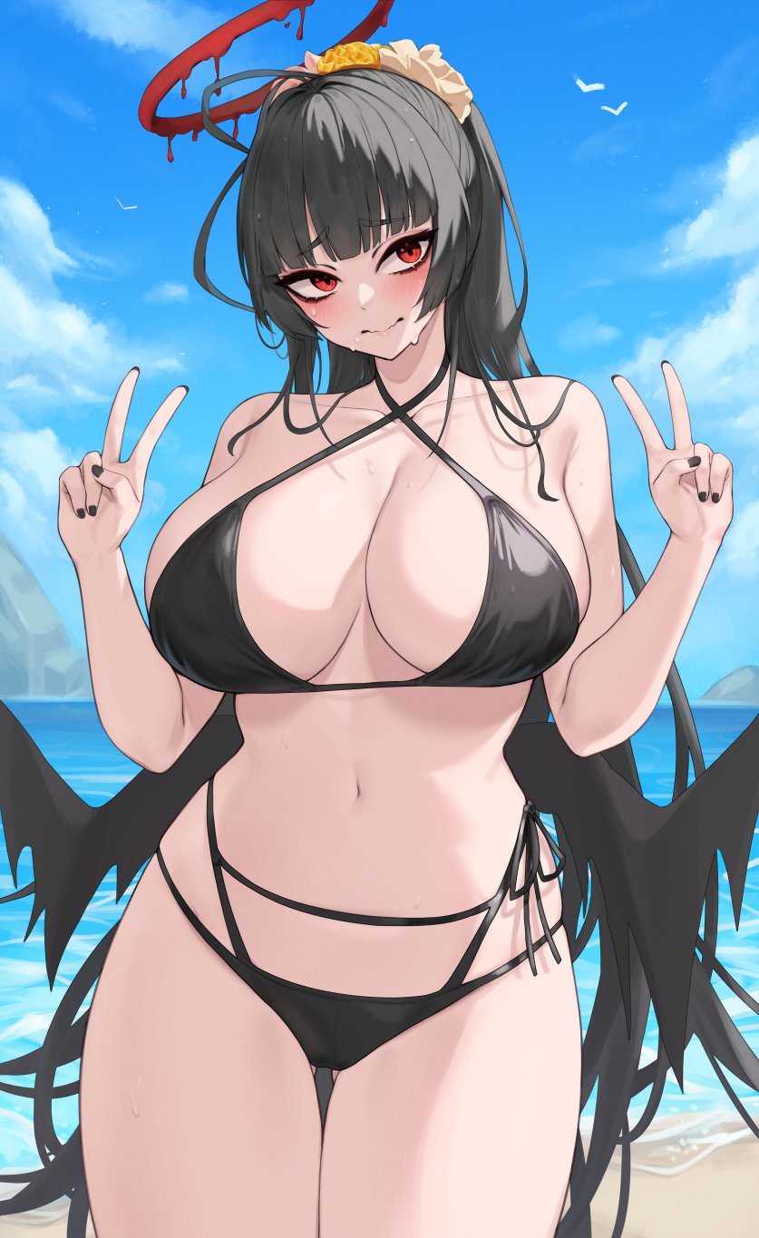 1girl ass_visible_through_thighs beach bikini black_bikini black_hair black_nails blue_archive blue_sky blunt_bangs blush breasts character_request cloud commentary cowboy_shot criss-cross_halter day double_v halterneck head_tilt highres kuavera large_breasts long_hair looking_at_viewer low_wings nail_polish navel ocean red_eyes sky solo standing stomach swimsuit thighs tsurugi_(blue_archive) tsurugi_(swimsuit)_(blue_archive) v very_long_hair water wings