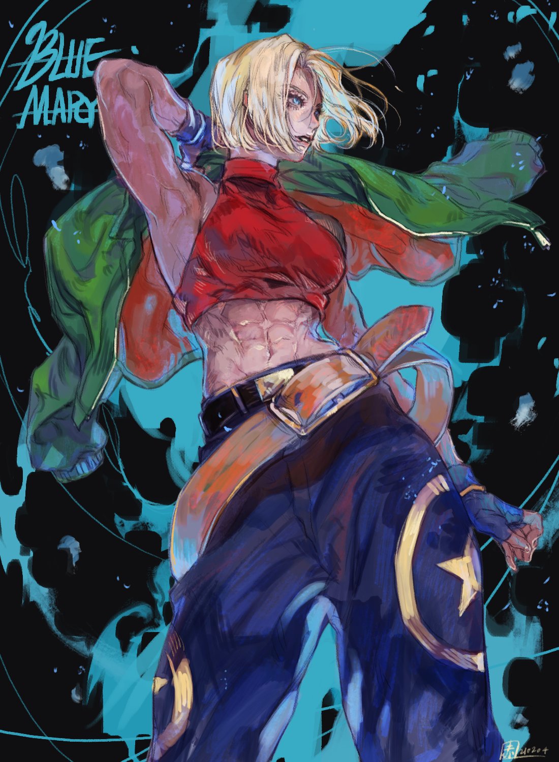 1girl abs akame_(chokydaum) armpits baggy_pants bare_shoulders belt belt_skirt blonde_hair blue_eyes blue_mary bob_cut breasts crop_top fatal_fury fingerless_gloves gloves halterneck highres loose_belt midriff multiple_belts muscular muscular_female navel pants parted_hair shirt short_hair sleeveless sleeveless_turtleneck snk solo the_king_of_fighters tight_top turtleneck