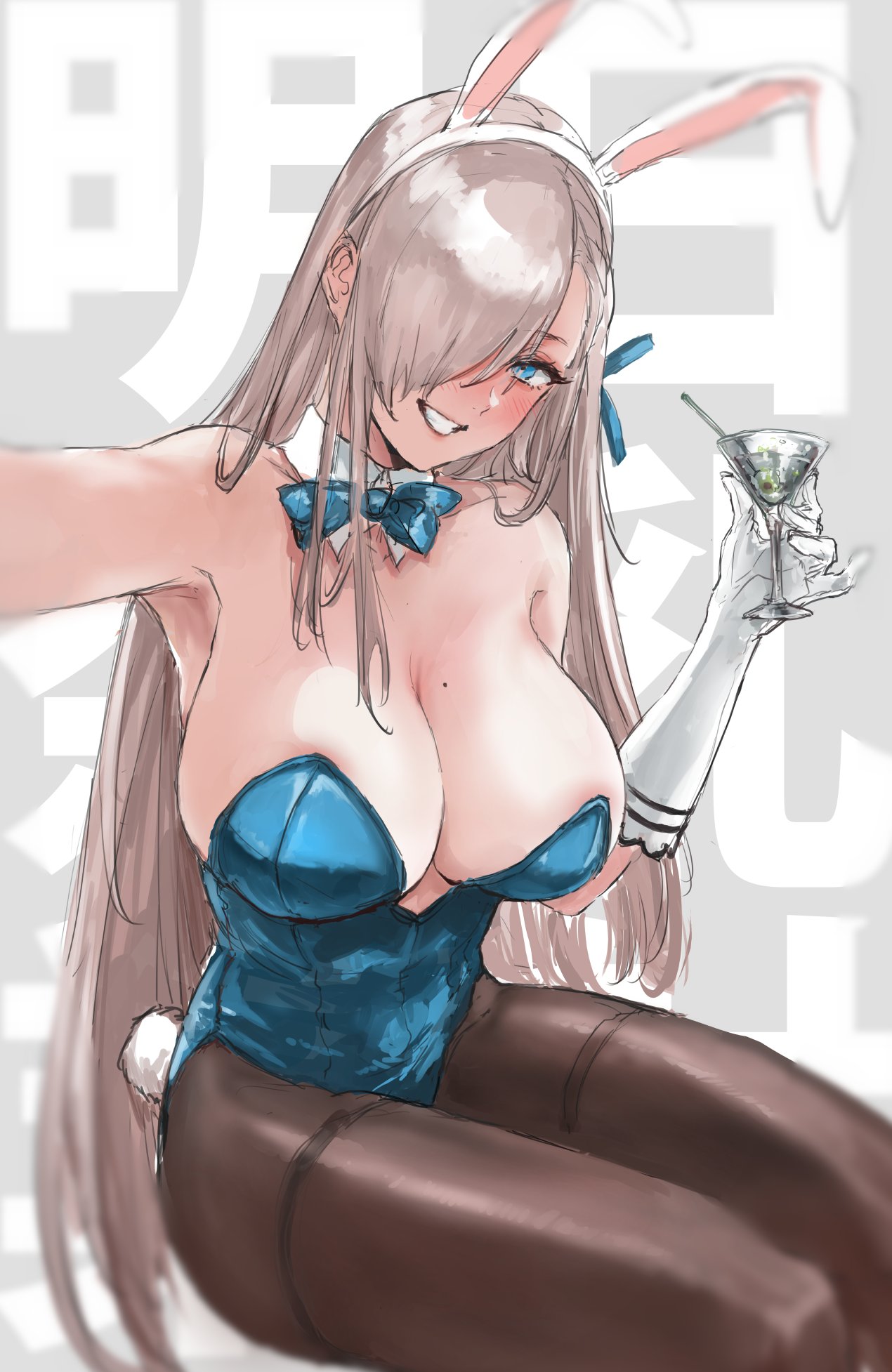 1girl animal_ears asuna_(blue_archive) bare_shoulders blue_archive blue_eyes blue_leotard breasts cleavage commentary cup detached_collar drinking_glass drinking_straw gloves hair_over_one_eye head_tilt highres large_breasts leotard light_brown_hair long_hair mole mole_on_breast osakana_(denpa_yun'yun) outstretched_arm pantyhose playboy_bunny rabbit_ears rabbit_tail sitting smile symbol-only_commentary tail thighs translation_request white_gloves