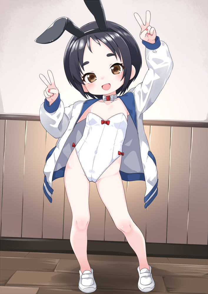 1girl animal_ears arm_up black_hair black_hairband blush bow brown_eyes commentary contrapposto double_v fake_animal_ears forehead full_body hairband highleg highleg_leotard indoors jacket kantai_collection leotard long_sleeves looking_at_viewer maru-yu_(kancolle) nail_polish nassukun open_clothes open_jacket open_mouth paid_reward_available playboy_bunny rabbit_ears red_bow red_nails shoes short_hair smile solo standing strapless strapless_leotard tareme thick_eyebrows v white_footwear white_jacket white_leotard