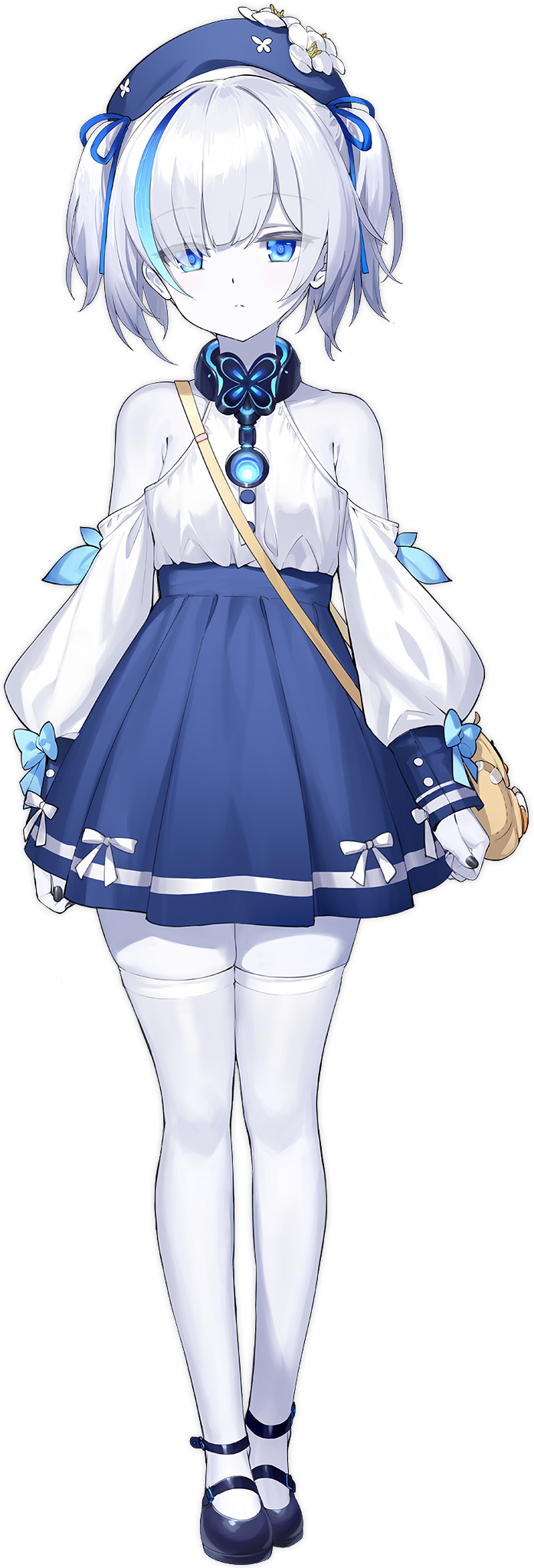 1girl :o artist_request azur_lane bag bare_legs bare_shoulders black_nails blue_bow blue_eyes blue_hair blue_headwear blue_ribbon blue_skirt bow breasts closed_mouth collarbone colored_eyelashes colored_skin eyes_visible_through_hair fingernails flower four-leaf_clover_necklace full_body hair_over_one_eye hair_ribbon hat hat_flower high-waist_skirt highres jewelry looking_at_viewer mary_janes multicolored_hair nail_polish necklace non-web_source official_art pale_skin ribbon shirt_tucked_in shoes short_hair shoulder_bag skirt solo standing streaked_hair tb_(azur_lane) thighhighs twintails two-tone_hair white_hair white_skin white_thighhighs yellow_bag zettai_ryouiki