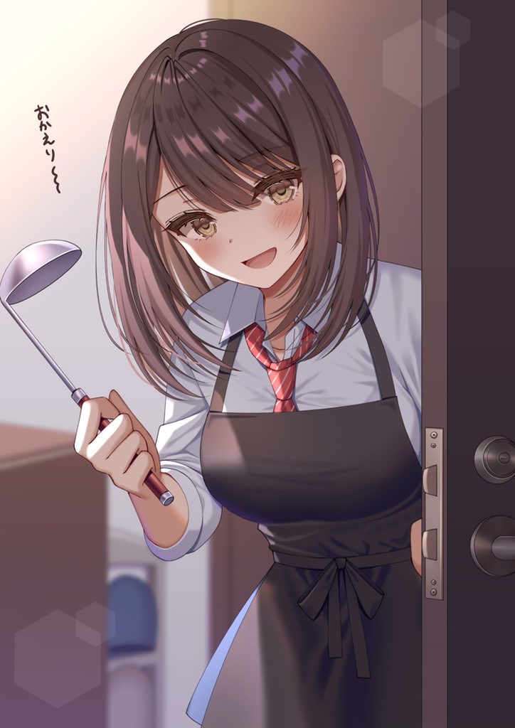 1girl apron bangs black_apron blue_shirt blurry blurry_background blush bob_cut brown_eyes brown_hair collared_shirt door dress_shirt eyebrows_visible_through_hair hand_up holding holding_ladle indoors izumo_neru ladle long_sleeves looking_at_viewer medium_hair necktie open_mouth original red_necktie shirt smile solo standing translated