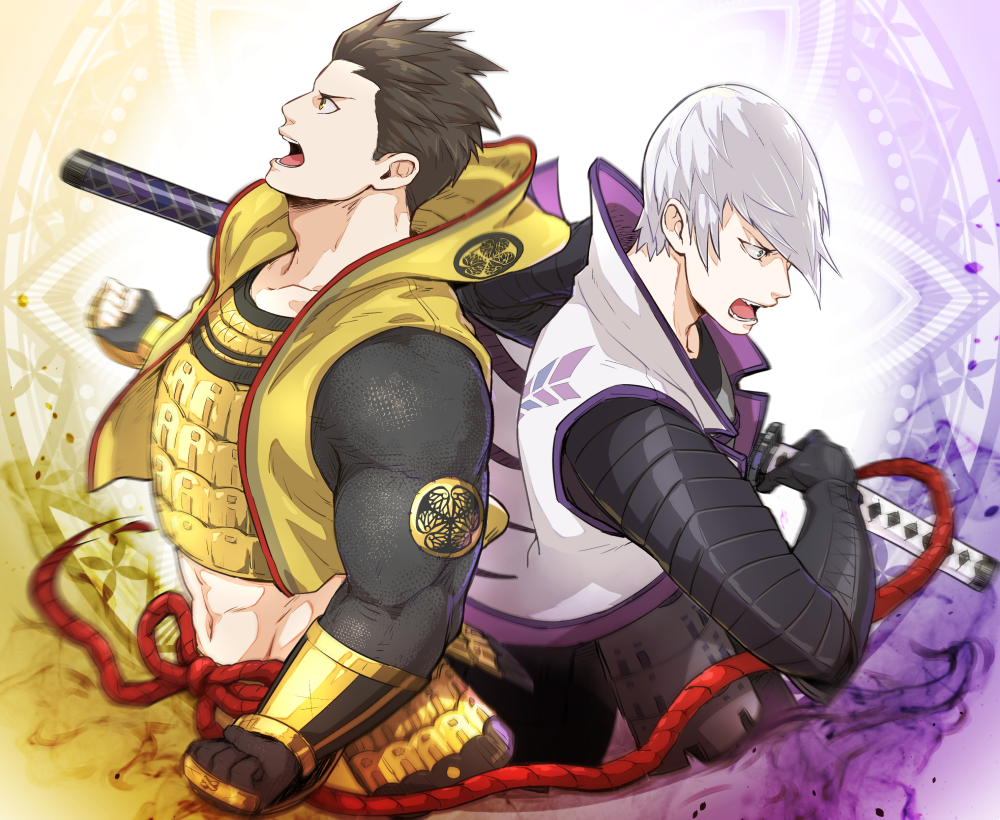 2boys abs armor black_gloves black_hair chest_armor clenched_hands fighting_stance gauntlets gloves grey_hair holding holding_sword holding_weapon hood hood_down ishida_mitsunari_(sengoku_basara) japanese_armor jigoku_meguri kusazuri male_focus multiple_boys muscular muscular_male navel open_clothes open_mouth sengoku_basara sheath sheathed short_hair sword tokugawa_ieyasu_(sengoku_basara) weapon