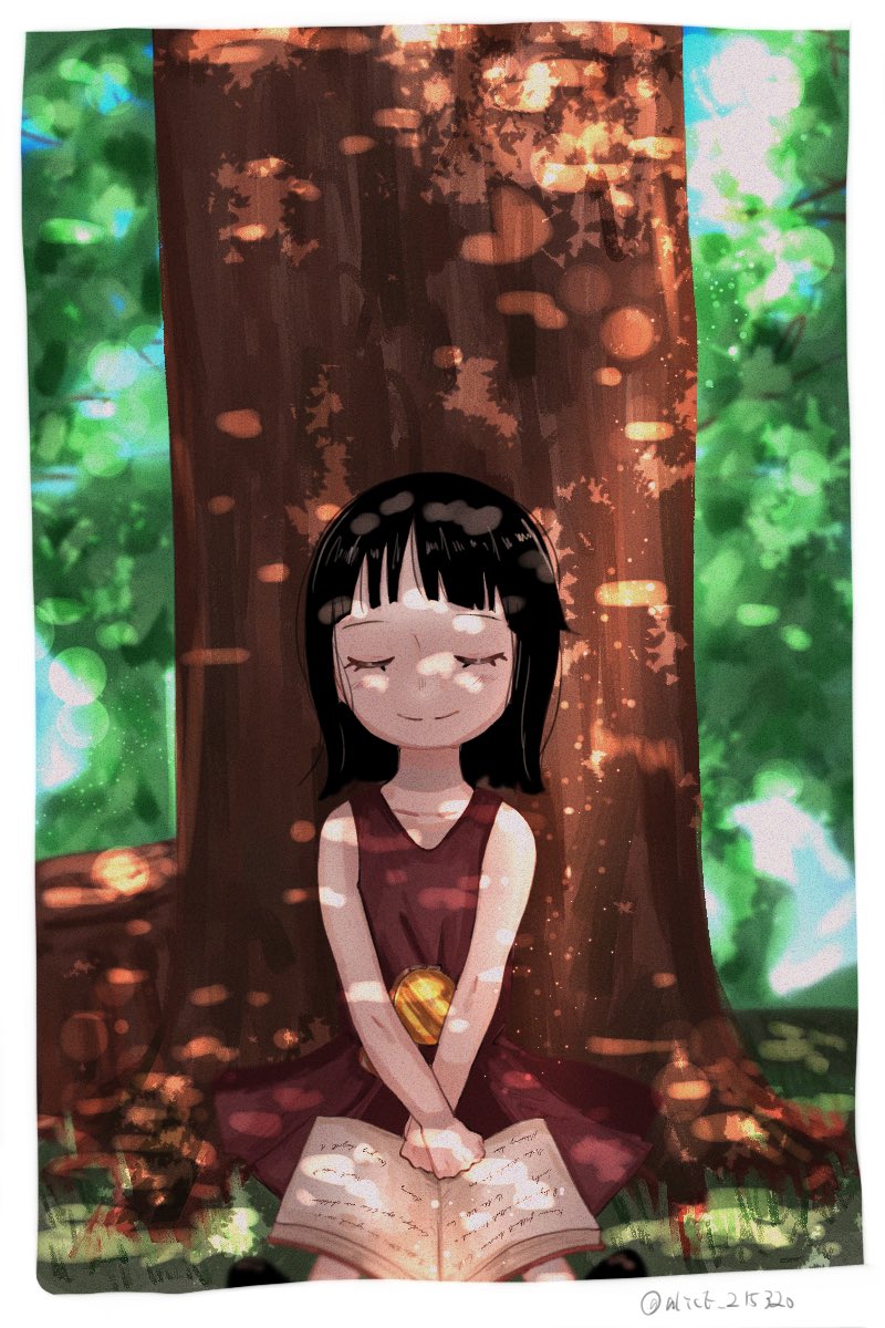 1girl alice_215320 black_hair blunt_bangs book closed_eyes commentary_request dress highres holding holding_book medium_hair nico_robin on_grass one_piece purple_dress sleeveless sleeveless_dress smile solo tree under_tree