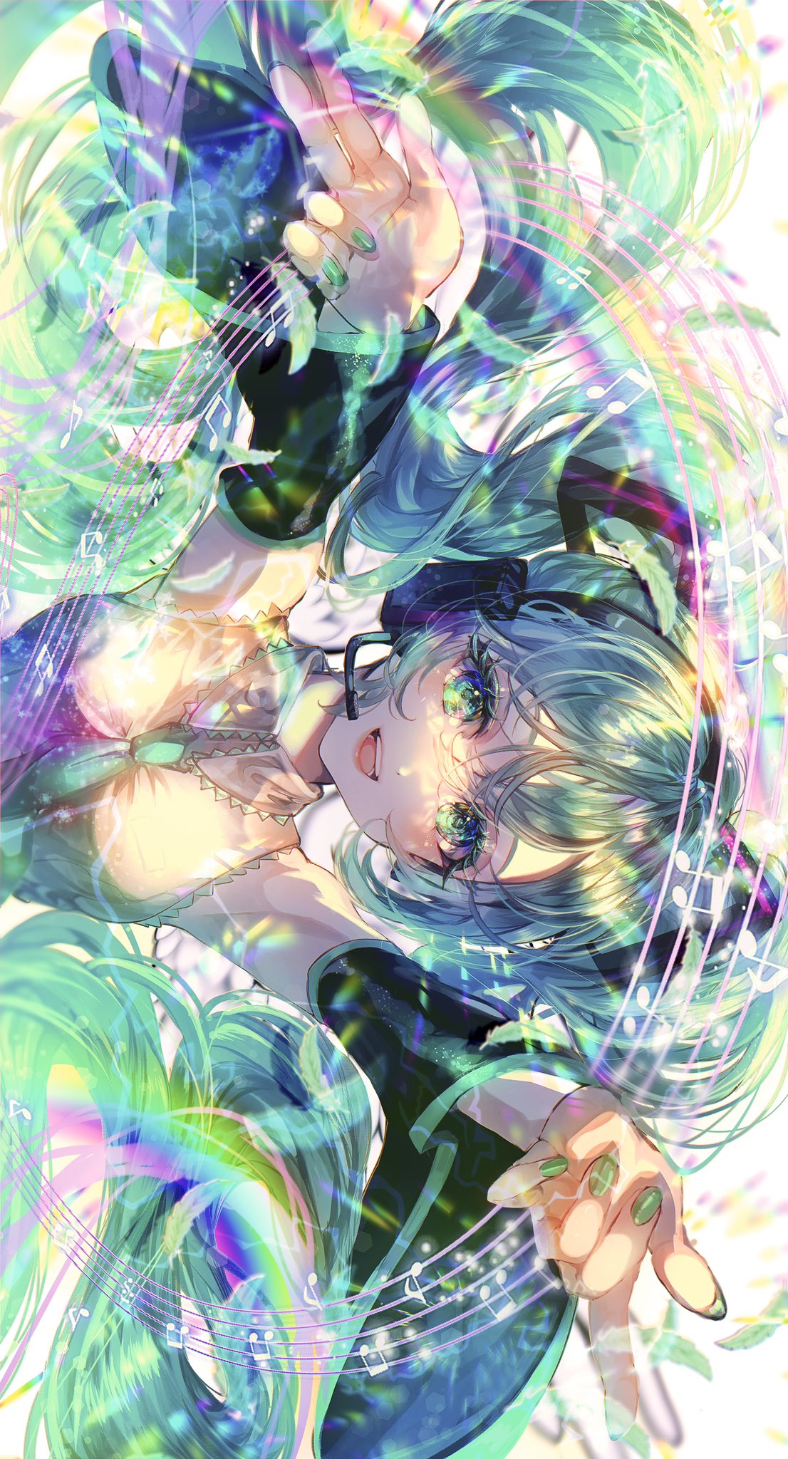 1girl :d aqua_hair aqua_necktie armpits beamed_eighth_notes black_sleeves breasts commentary eighth_note green_eyes green_nails grey_shirt hair_between_eyes hair_ornament hatsune_miku headphones headset highres long_hair long_sleeves looking_at_viewer medium_breasts miku_day musical_note necktie open_mouth pinapo_25 quarter_note rainbow shirt sideways sleeveless sleeveless_shirt smile solo staff_(music) teeth tongue twintails upper_teeth_only very_long_hair very_long_sleeves vocaloid