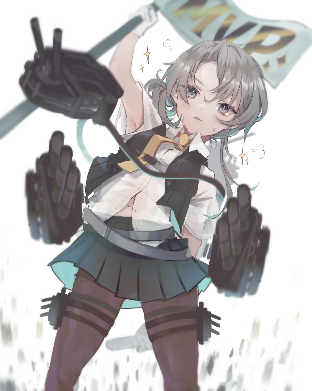 1girl adapted_turret asymmetrical_hair bangs belt black_legwear black_skirt black_vest cannon collared_shirt commentary_request commission cowboy_shot dress_shirt flag flipped_hair grey_eyes highres kantai_collection looking_at_viewer machinery mvp necktie nowaki_(kancolle) pantyhose pleated_skirt ruohire9 shirt short_sleeves silver_hair simple_background skirt solo standing swept_bangs torpedo_launcher turret vest white_background white_shirt yellow_necktie
