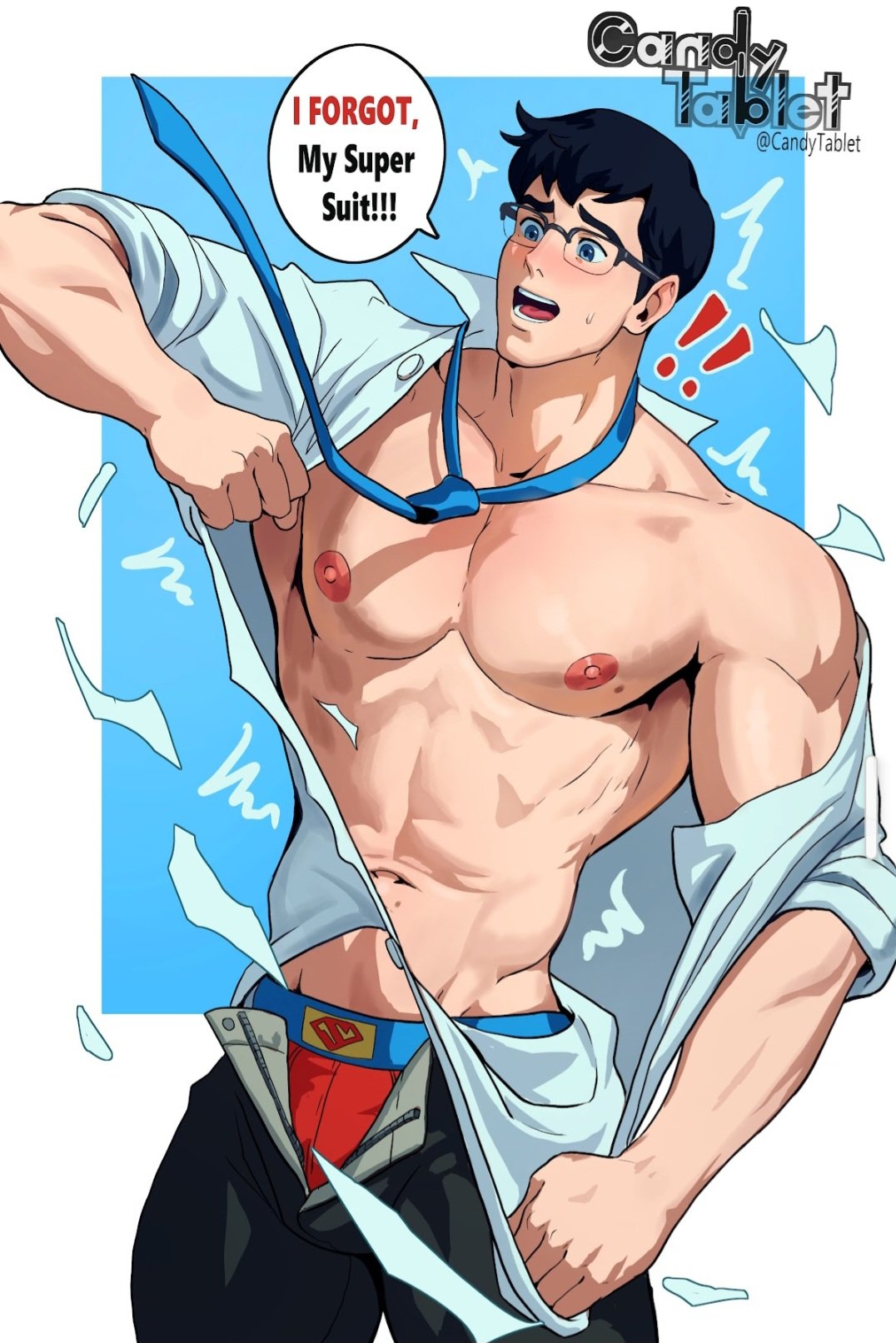 ! !! 1boy artist_name bara black-framed_eyewear black_hair black_pants blue_background blue_eyes blush candytablet clark_kent dc_comics english_text glasses highres large_pectorals male_focus male_underwear muscular muscular_male my_adventures_with_superman necktie nipples open_fly open_mouth pants pectorals shirt superman_(series) superman_logo torn_clothes torn_shirt underwear