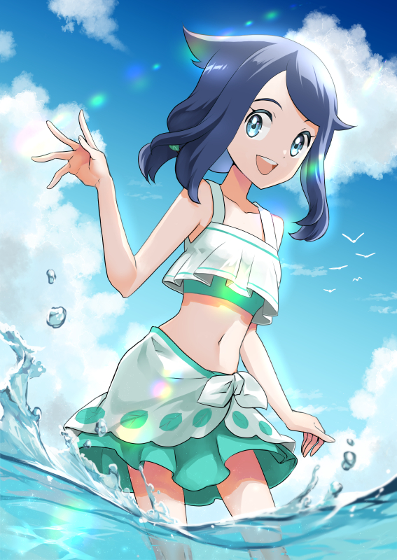 1girl aqua_bikini bare_arms bike_shorts bikini bird black_hair blue_eyes blue_sky caustics cloud feet_out_of_frame in_water layered_bikini liko_(pokemon) looking_at_viewer medium_hair midriff morisawa_machi navel open_mouth partially_underwater_shot pokemon pokemon_(anime) pokemon_horizons print_sarong refraction sarong seagull sky solo splashing standing swimsuit water water_drop wet white_sarong