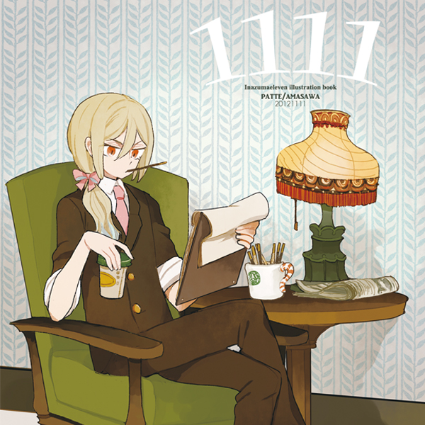 1boy 2012 afuro_terumi androgynous armchair blonde_hair bow brown_pants brown_suit buttons chair clipboard coffee_cup crossed_legs cup dated disposable_cup english_text food frown hair_between_eyes hair_bow holding holding_clipboard holding_cup inazuma_eleven_(series) inazuma_eleven_go indoors l_hakase lamp long_hair male_focus mouth_hold mug necktie newspaper orange_eyes pants pink_bow pink_necktie pocky ponytail sidelocks sitting sleeves_rolled_up solo suit table wallpaper_(object)