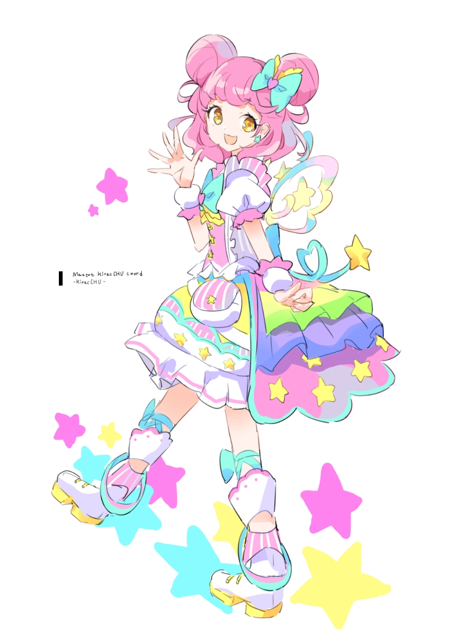 1girl :d blue_bow bow bubble_skirt double_bun earrings flower full_body hair_bow hair_bun hand_up highres idol_clothes jewelry kiracchu_(pri_chan) kiratto_pri_chan looking_at_viewer open_hand open_mouth pink_hair pouch pretty_series puffy_short_sleeves puffy_sleeves shirt shoes short_sleeves skirt smile solo standing standing_on_one_leg star-shaped_pupils star_(symbol) star_earrings symbol-shaped_pupils tail tulaca_(pixiv) white_flower wings yellow_eyes
