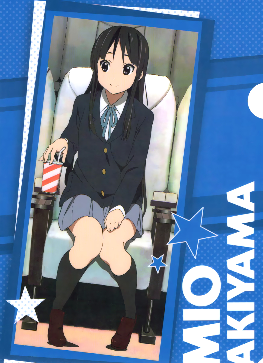 1girl akiyama_mio black_eyes black_hair clear_file_(medium) cup disposable_cup english_text highres horiguchi_yukiko k-on! k-on!_movie long_hair movie_theater non-web_source official_art sakuragaoka_high_school_uniform scan school_uniform sitting smile soda solo star_(symbol) very_long_hair