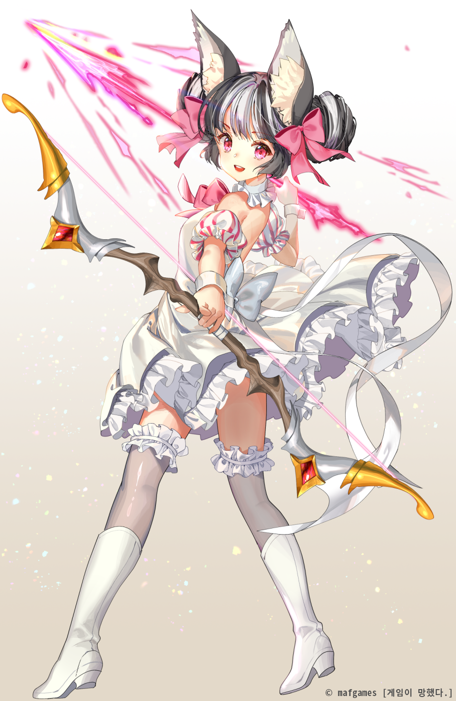 1girl :d animal_ear_fluff animal_ears arrow_(projectile) bare_shoulders black_hair boots bow_(weapon) brown_background commentary_request copyright_request detached_sleeves double_bun dress frilled_dress frilled_legwear frills from_behind full_body gradient gradient_background grey_hair grey_legwear high_heel_boots high_heels highres holding holding_arrow holding_bow_(weapon) holding_weapon looking_at_viewer looking_back magical_girl mintchoco_(orange_shabette) multicolored_hair official_art open_mouth puffy_short_sleeves puffy_sleeves purple_eyes short_sleeves smile solo teeth thighhighs thighhighs_under_boots two-tone_hair upper_teeth watermark weapon white_background white_dress white_footwear