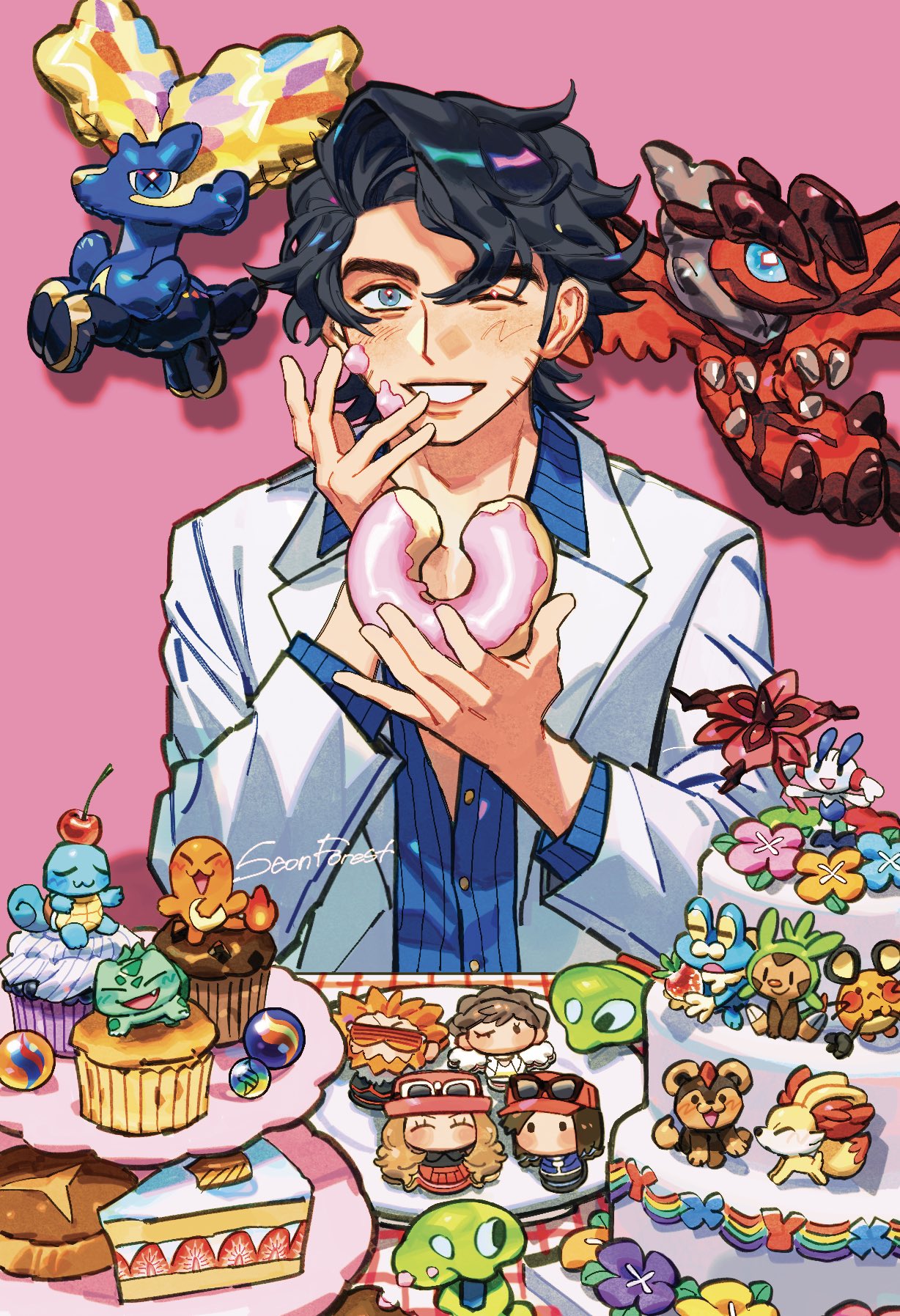 1boy artist_name augustine_sycamore black_hair bulbasaur buttons cake calem_(pokemon) character_cookie charmander cherry chespin commentary_request cookie copyright_name cupcake dedenne diantha_(pokemon) doughnut fennekin floette floette_(eternal) food froakie fruit highres holding holding_food korean_commentary layer_cake litleo lysandre_(pokemon) male_focus mega_stone muffin one_eye_closed pink_background plate pokemon pokemon_xy seonforest serena_(pokemon) short_hair simple_background smile solo squirtle teeth xerneas yveltal zygarde zygarde_core