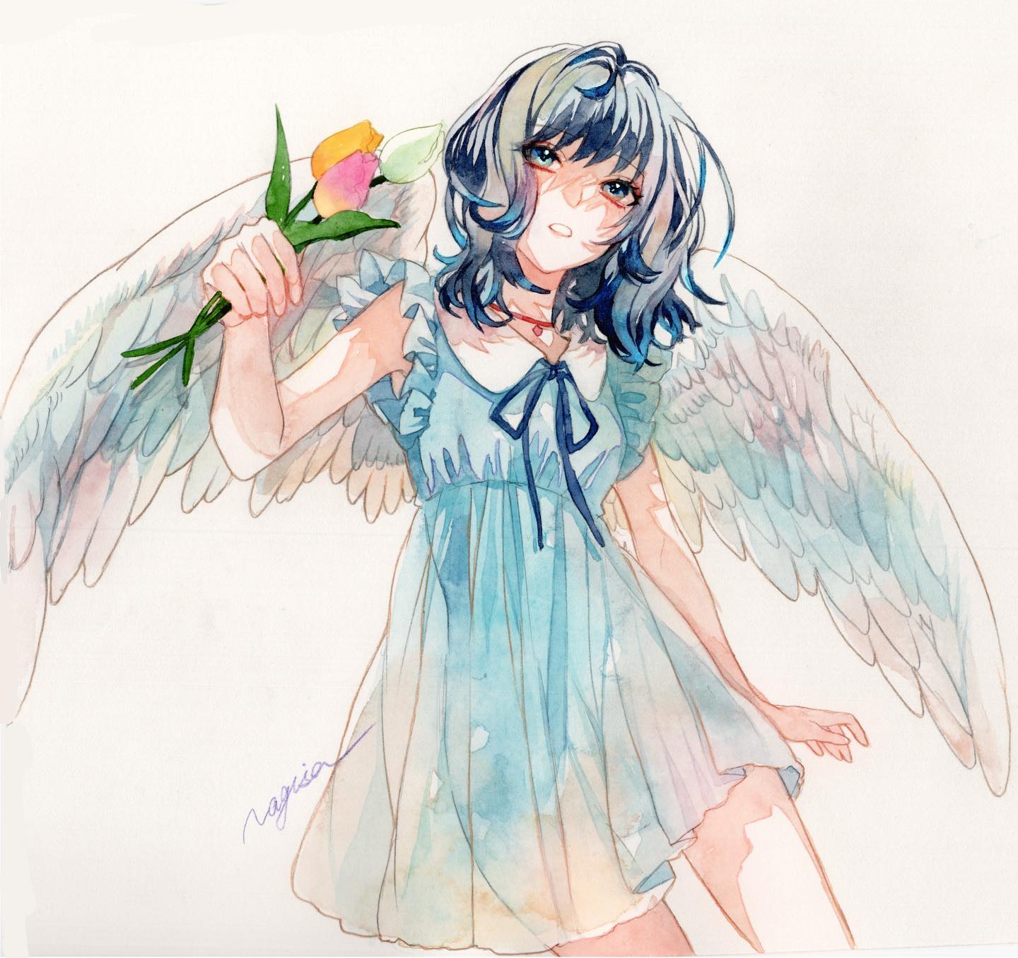 1girl angel_wings art_tools_in_frame artist_name bare_legs blue_dress blue_hair blue_ribbon choker clenched_teeth dress feathered_wings flower grey_eyes grid hand_up highres holding holding_flower looking_at_viewer medium_hair neck_ribbon original paintbrush painting_(medium) parted_lips pen photo_(medium) pink_flower pink_tulip red_choker ribbon signature simple_background solo srnmomo standing teeth traditional_media tulip watercolor_(medium) white_background white_flower white_tulip white_wings wings