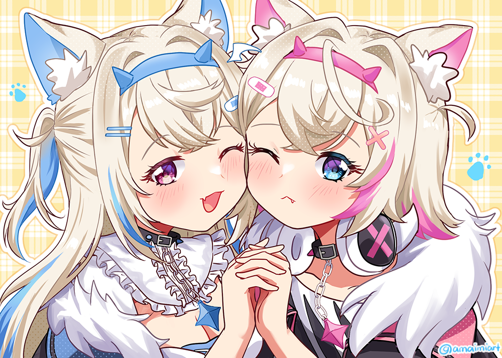2girls ;&lt; ;d amai-tapioca animal_collar animal_ear_fluff animal_ears bandaid bandaid_on_head belt_collar black_collar blonde_hair blue_eyes blue_hairband blush breasts chain chain_leash cheek-to-cheek cleavage closed_mouth collar commentary_request crossed_bangs dog_ears dog_girl fang frilled_shirt_collar frills fur_trim fuwawa_abyssgard hair_ornament hairband hairclip headphones headphones_around_neck heads_together holding_hands hololive hololive_english horn_hairband leash looking_at_viewer mococo_abyssgard multicolored_hair multiple_girls one_eye_closed open_mouth paw_print pink_eyes pink_hairband plaid plaid_background portrait shirt siblings simple_background sisters skin_fang smile spiked_collar spikes streaked_hair twins white_shirt x_hair_ornament yellow_background