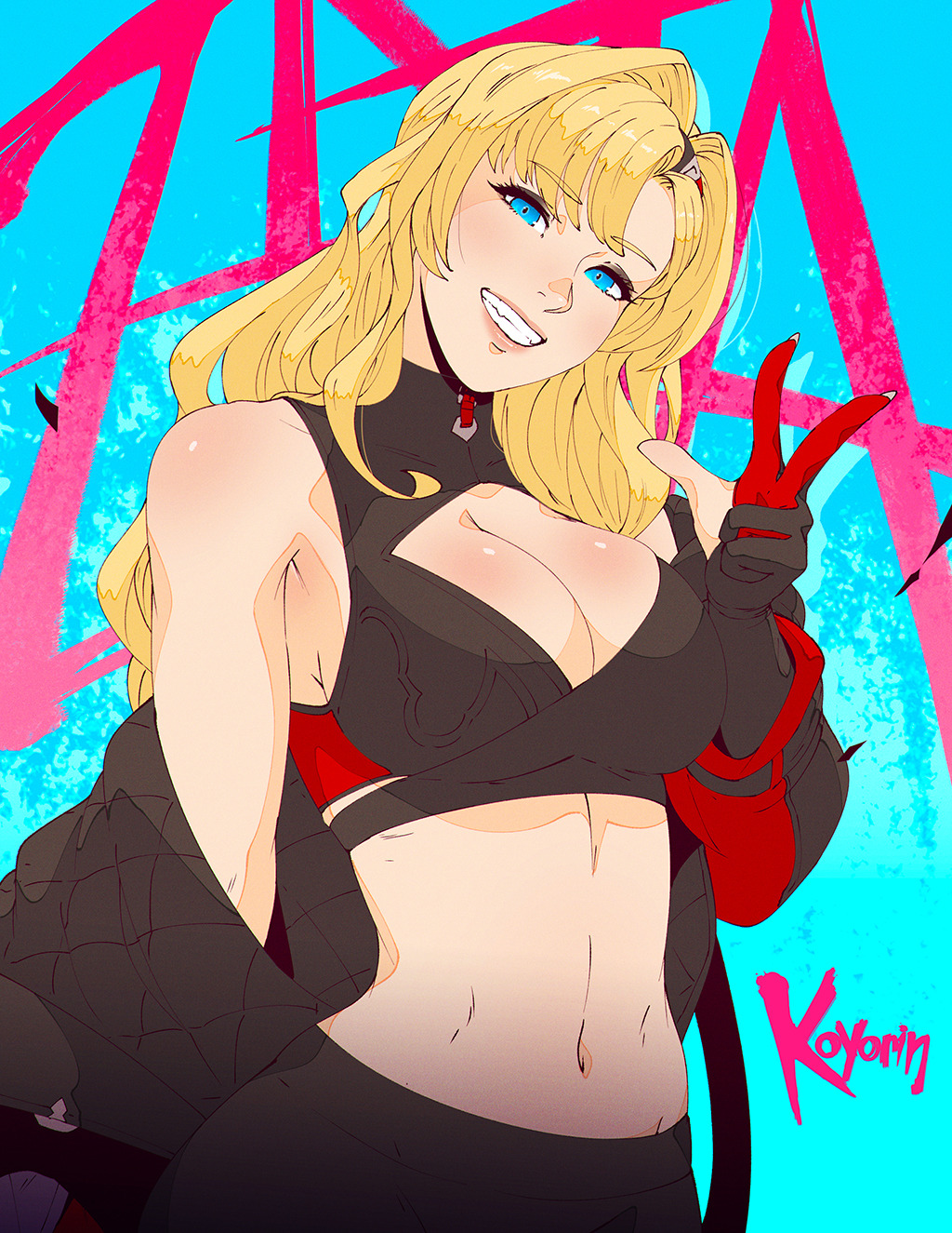 1girl artist_name black_gloves blonde_hair blue_eyes breasts cleavage_cutout clothing_cutout crop_top gloves granblue_fantasy granblue_fantasy_versus hair_intakes highres jacket koyorin large_breasts long_hair looking_at_viewer midriff navel off_shoulder open_clothes open_jacket partially_fingerless_gloves red_gloves smile solo two-tone_gloves v zeta_(grand)_(granblue_fantasy)