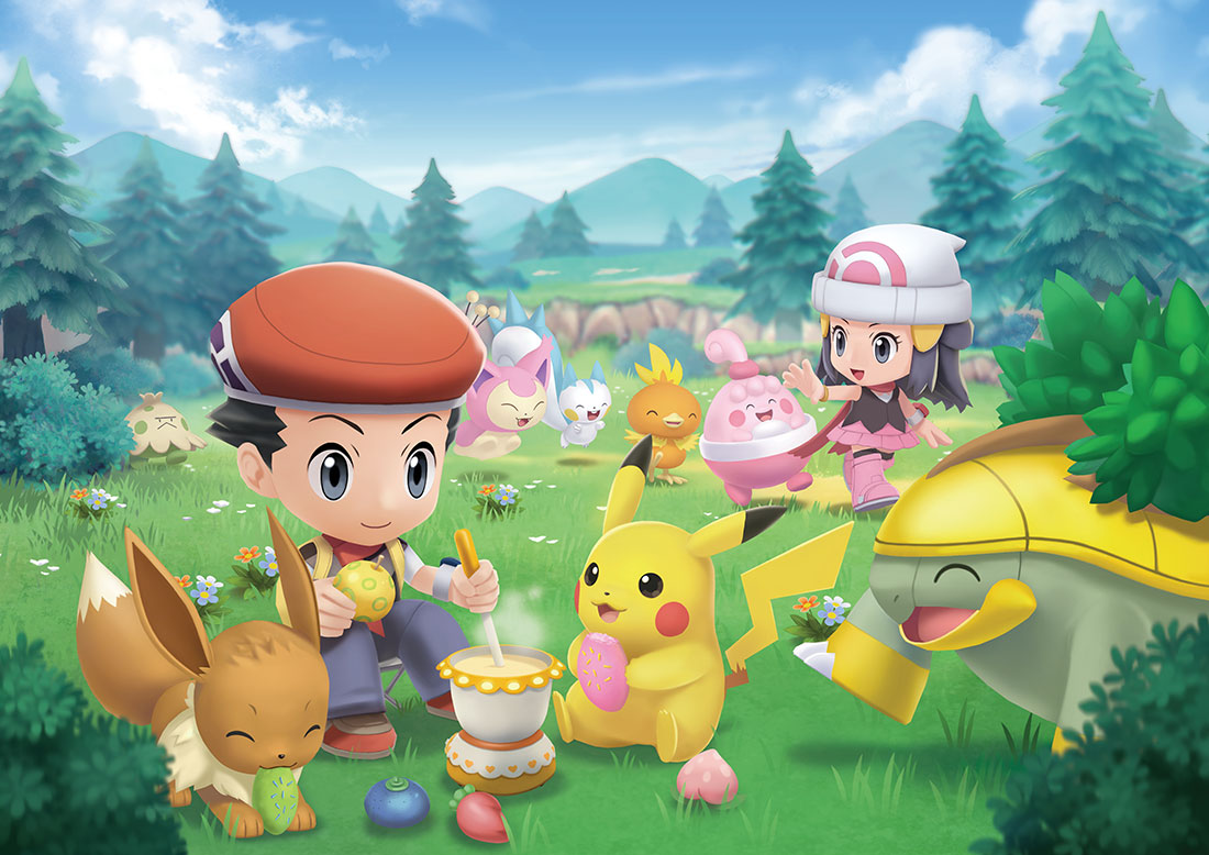 1boy 1girl :d backpack bag beanie berry_(pokemon) boots bracelet bush chibi closed_mouth cloud dawn_(pokemon) day eating eevee eyelashes following grass grey_eyes grotle hair_ornament hairclip happiny hat holding jewelry lucas_(pokemon) official_art open_mouth outdoors pachirisu pants pikachu pink_footwear pink_skirt pokemon pokemon_(creature) pokemon_(game) pokemon_bdsp scarf shirt shoes short_hair shroomish sitting skirt skitty sky sleeveless sleeveless_shirt smile standing tongue torchic tree white_headwear yellow_bag