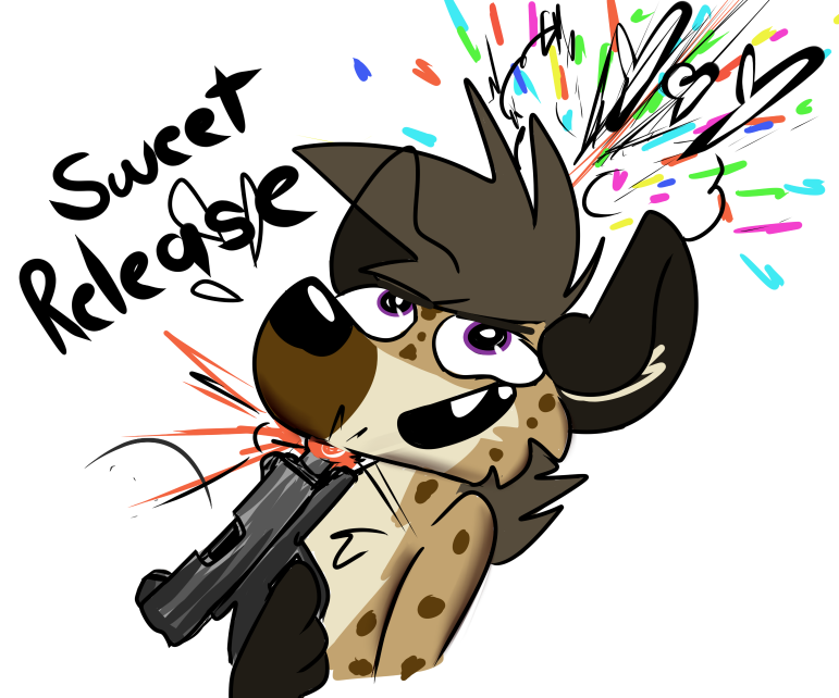 ambiguous_gender anthro big_ears black_nose confetti death english_text fur grey_hair gun hair happy holding_gun holding_object holding_ranged_weapon holding_weapon hyena mammal markings multicolored_body multicolored_fur open_mouth open_smile purple_eyes ranged_weapon short_hair simple_background smile snout solo spots spotted_body spotted_fur spotted_hyena stoopideer suicide text weapon white_background