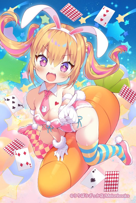 1girl :3 :d abstract_background animal_ears armband bare_shoulders blonde_hair blue_thighhighs blush breasts card checkered_clothes checkered_legwear cleavage commentary copyright_notice detached_collar diamond-shaped_pupils diamond_(shape) dot_nose fake_animal_ears fang fur-trimmed_gloves fur-trimmed_leotard fur_trim gloves hair_between_eyes hair_ornament hair_scrunchie hand_on_ground leaning_forward leotard long_hair looking_at_viewer medium_breasts msp_sammy multicolored_hair necktie open_mouth original oversized_food oversized_object pink_footwear pink_hair pink_leotard pink_thighhighs playing_card pointing pointing_at_viewer purple_eyes rabbit_ears rabbit_tail scrunchie sitting smile solo striped_clothes striped_thighhighs symbol-shaped_pupils tail thighhighs two-tone_hair two-tone_thighhighs white_gloves yellow_thighhighs