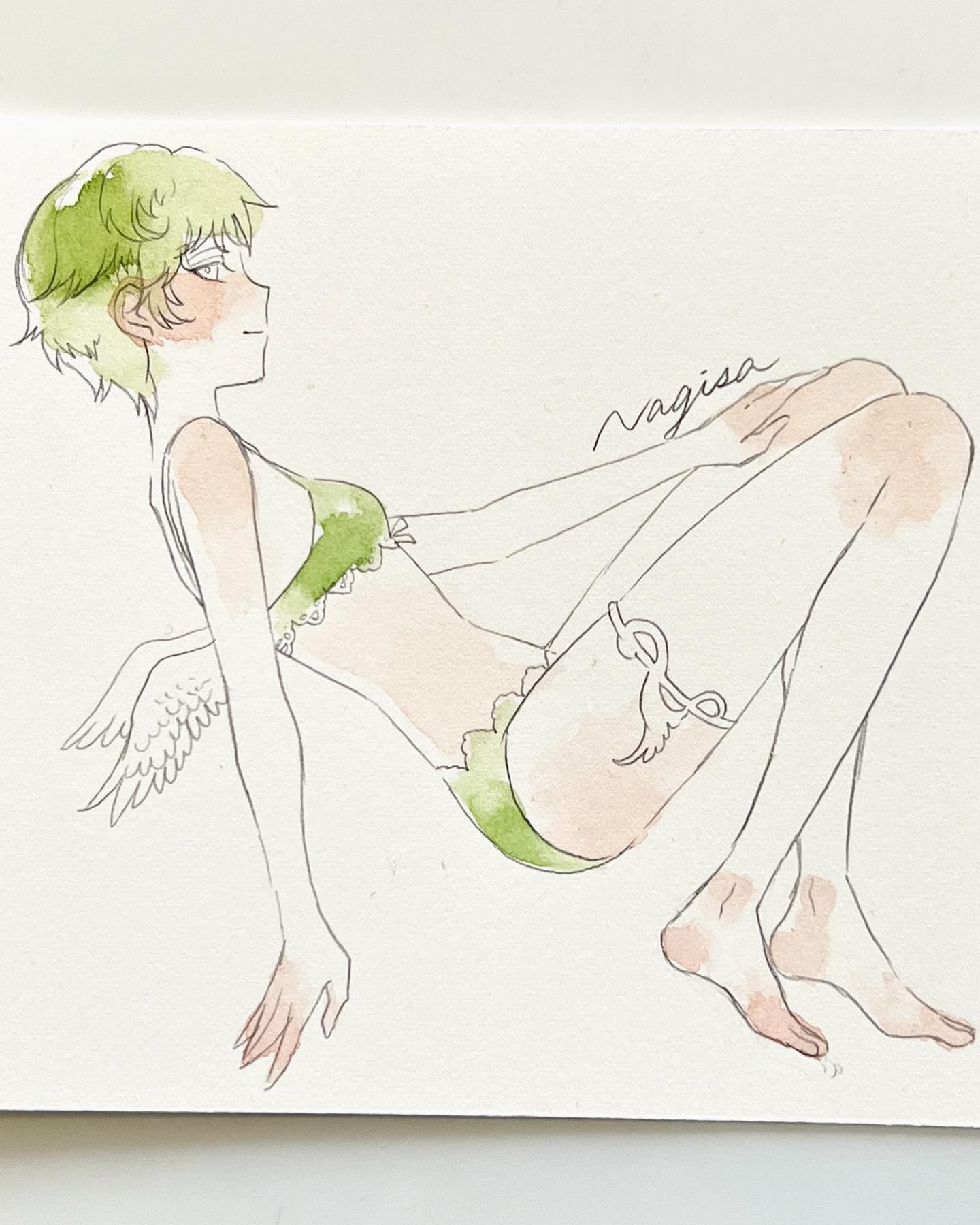 1girl angel_wings artist_name bare_arms bare_legs barefoot bikini blush closed_mouth feathered_wings feet full_body green_bikini green_hair highres knees_up lace-trimmed_bikini lace_trim legs looking_at_viewer looking_to_the_side non-web_source original painting_(medium) photo_(medium) profile short_hair signature simple_background solo srnmomo swimsuit thighlet toes traditional_media watercolor_(medium) white_background white_eyes white_wings wings